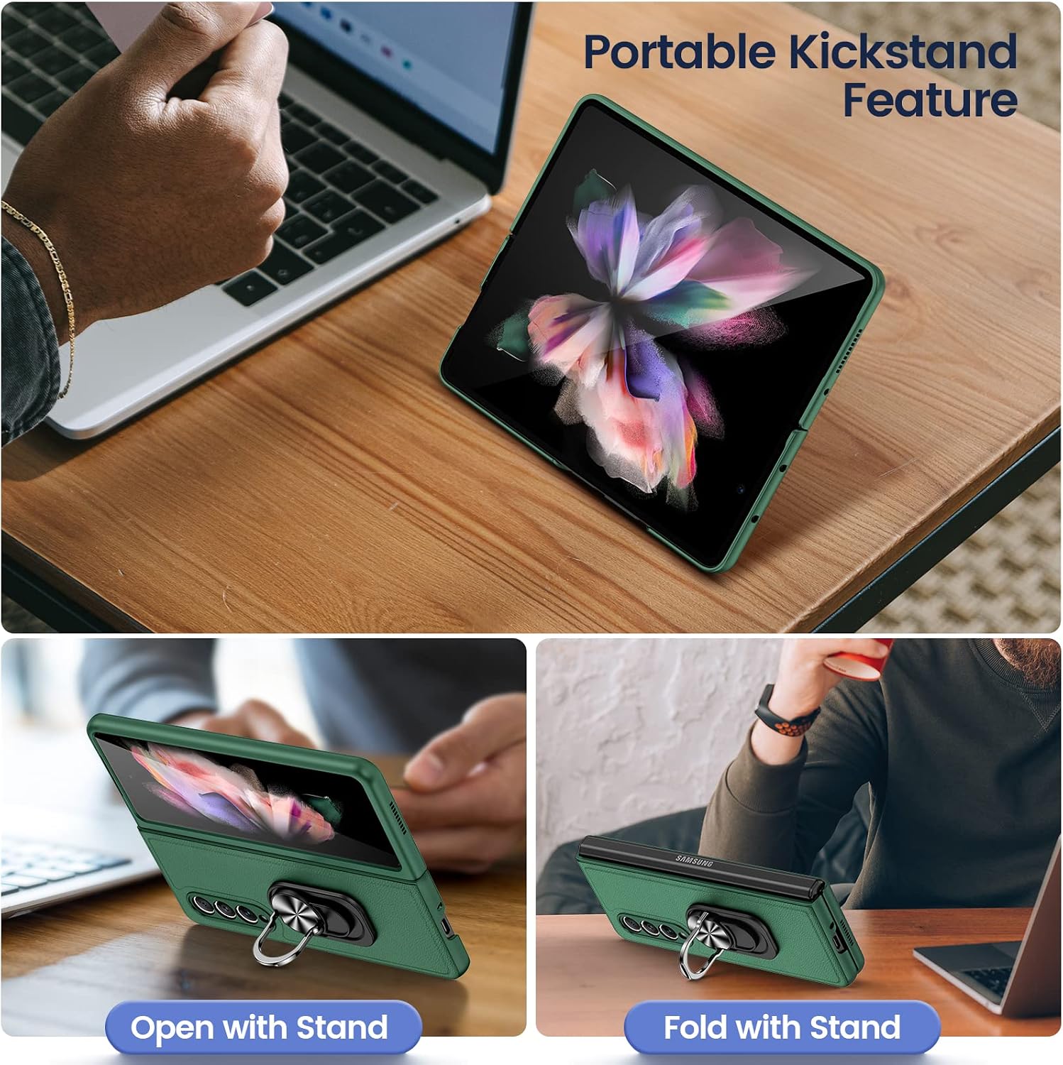 Caka for Samsung Z Fold 3 Case, Z Fold 3 Case with Screen Protector Kickstand Ring Stand Magnetic Full Body Cover Luxury PU Leather Case for Galaxy Z Fold 3 5G- Green