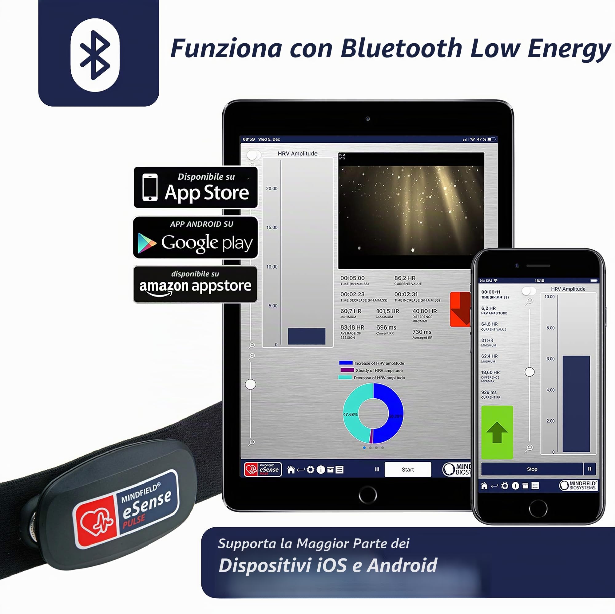 Mindfield eSense Pulse Cardiofrequenzimetro per Biofeedback con App Smartphone | Sensore di Variabilità Frequenza Cardiaca (HRV) e Battito Cardiaco con Fascia Toracica | Include App