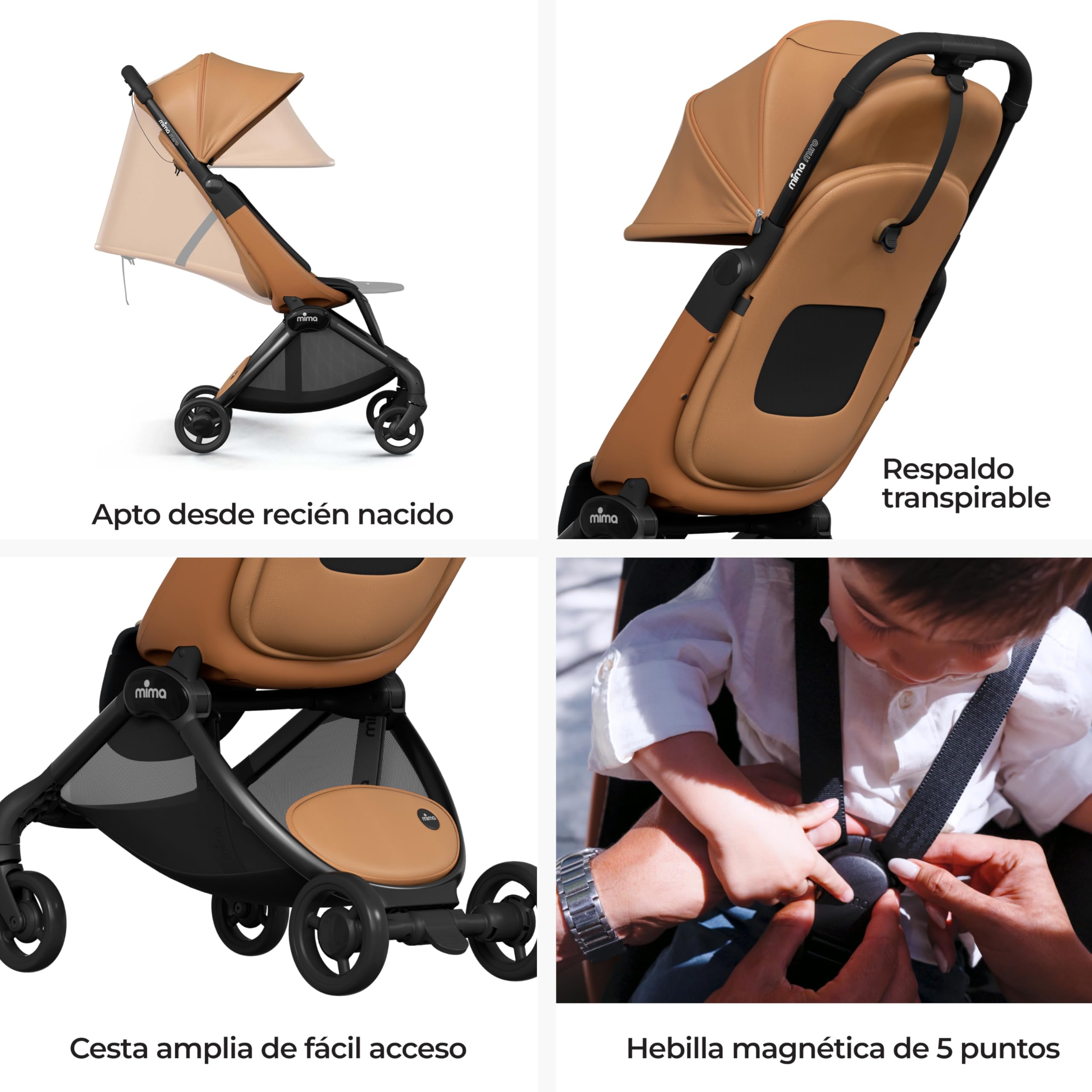Mima Miro Silla de Paseo Compacta de Viaje, Cochecito Bebé Ligero Plegable con Una Mano, Arnés Magnético de 5 Puntos, Capota UPF 50+ Extensible y Cojín Reversible - Desde Recién Nacido