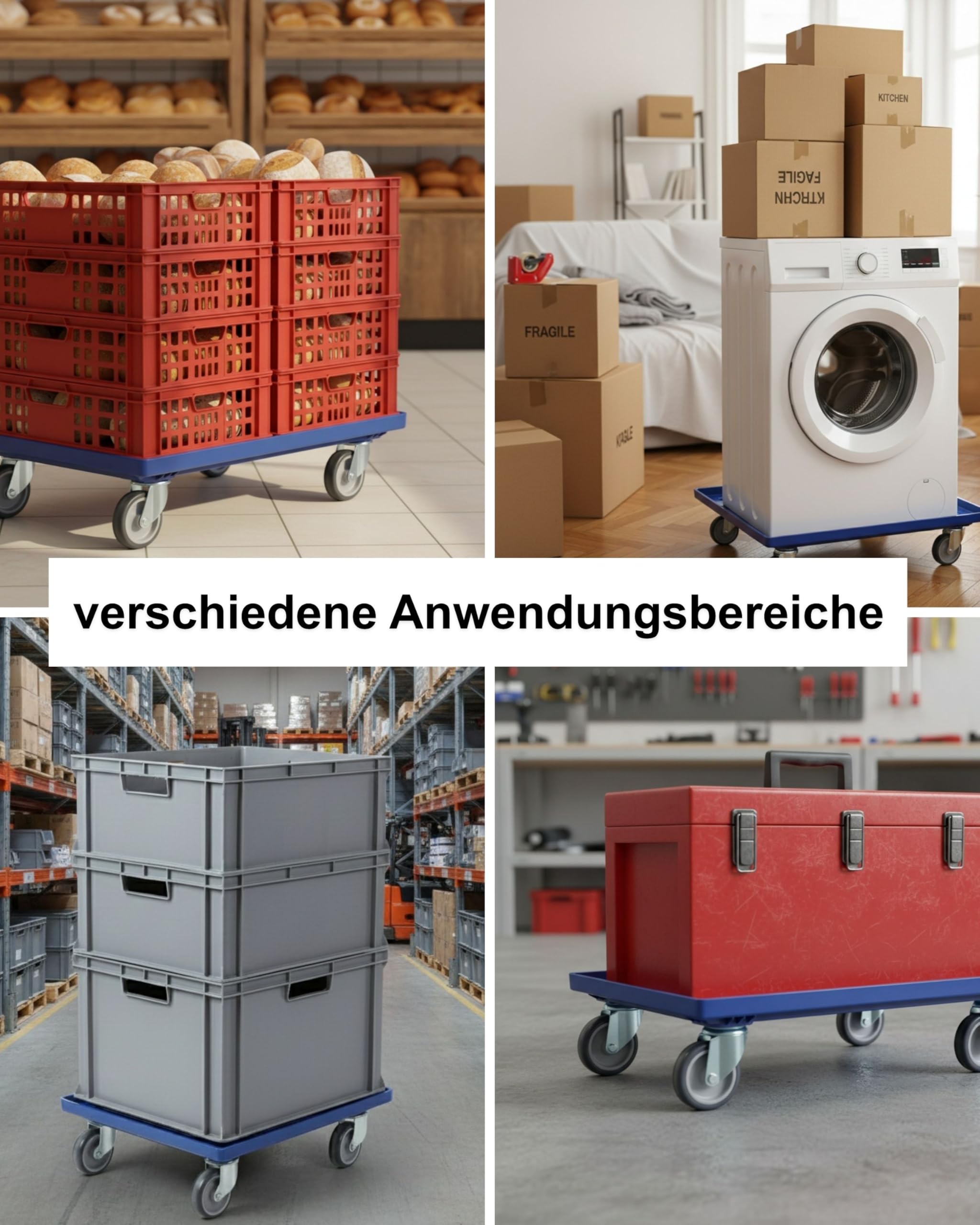 Transportroller Kunststoff 60x40 cm Blau – 4 Leichtlauf-Lenkrollen Ø100 mm, Traglast 250 kg – wendige, stabile Transporthilfe für Kisten & Euroboxen