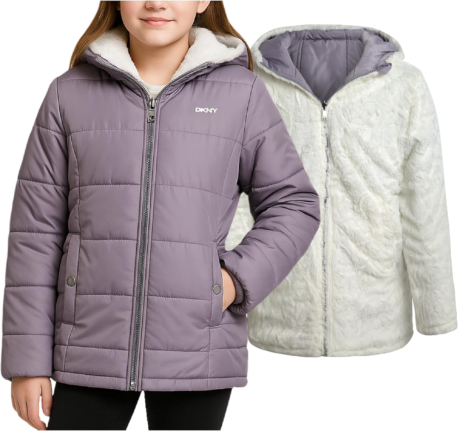 DKNY Reversible Girls Winter Coat - Heavyweight Quilted Jacket with Sherpa Lining Hooded Puffer Jacket Winter Coats for Girls