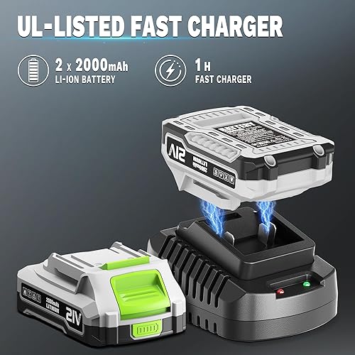 Miniatura 2 de Soplador de hojas inalámbrico con baterías de 2 x 2.0 Ah y cargador rápido Soplador eléctrico ligero de 21 V, soplador portátil alimentado por