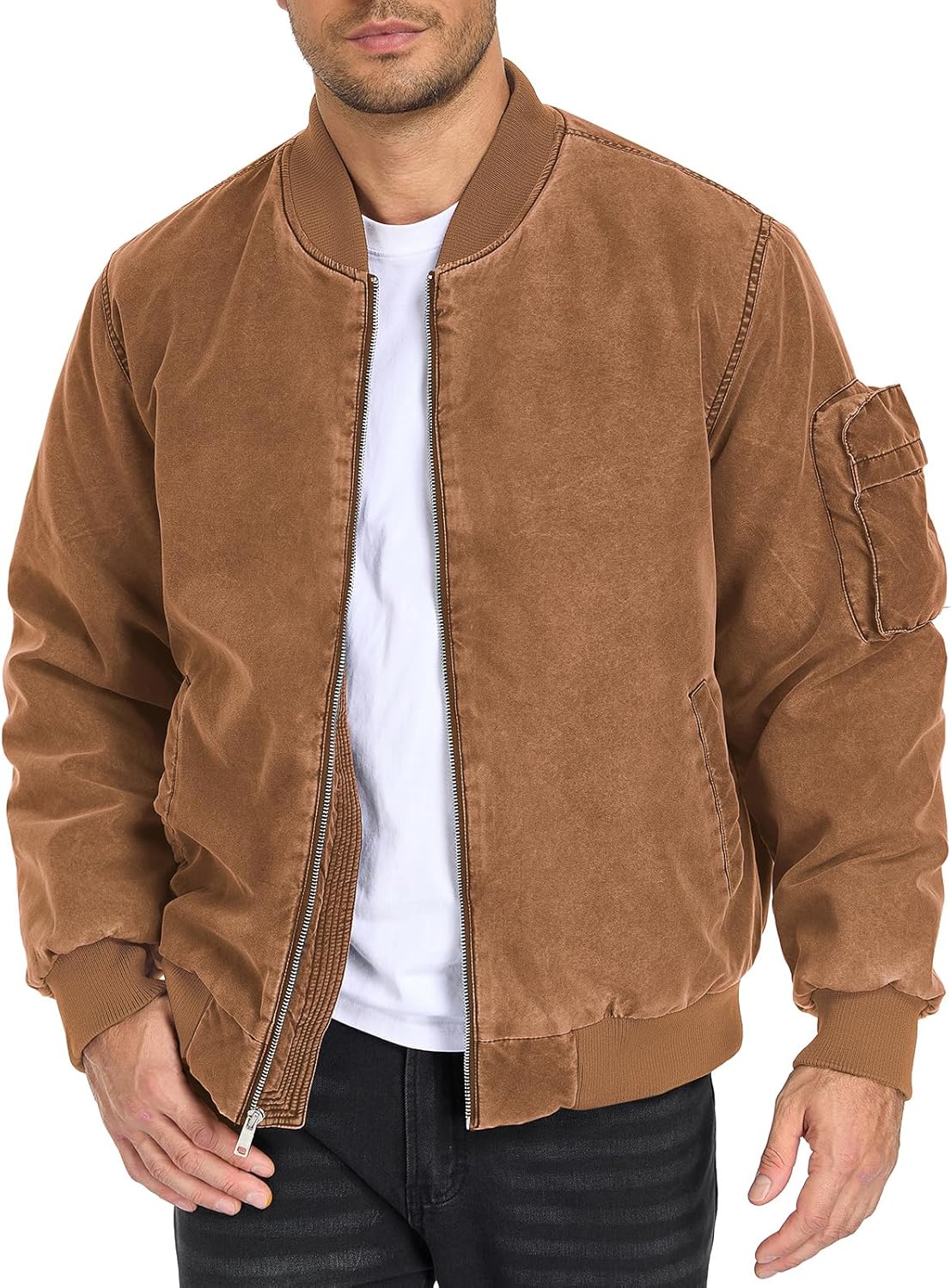 Oymyakon Mens Vintage Bomber Jacket Washed Fall Winter Warm Military Jackets Casual Padded Coats Windbreakers