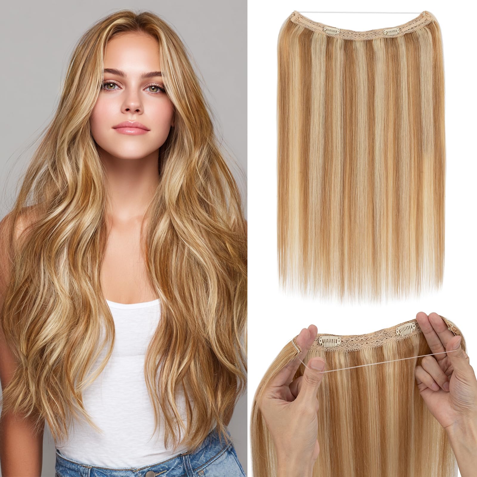 Photo 1 of S-noilite Invisible Halo Hair Extensions Real Human Hair,20Inch Honey Brown mix Bleach Blonde Human Halo Extensions with 2clips Adjustable Fish Line One Piece HairExtensions For Women 70g
