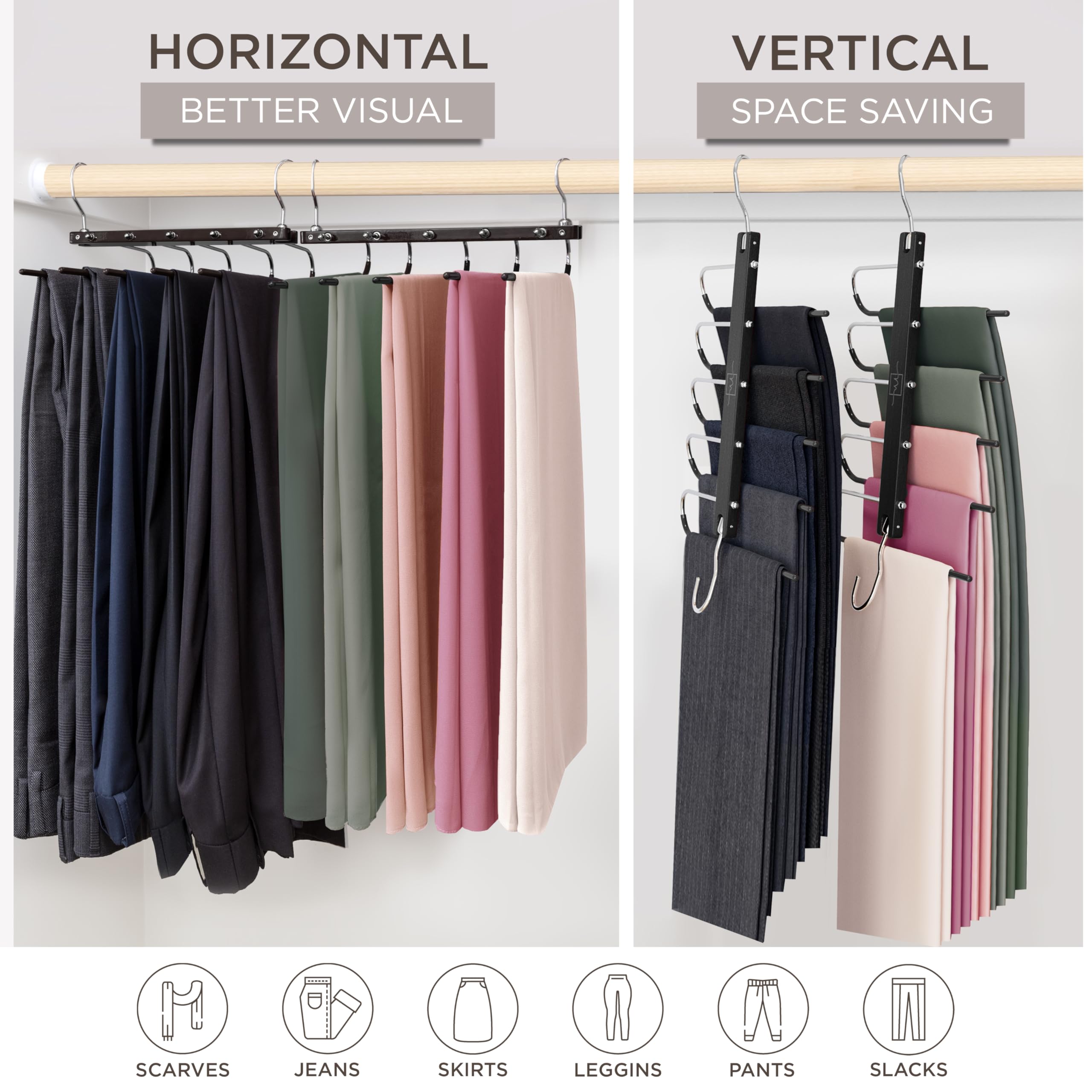 MORALVE Perchas para pantalones que ahorran espacio, perchas europeas de madera de haya para organizar perchas de ropa, perchas de jeans, perchero para pantalones, perchero para bufandas, ahorro de