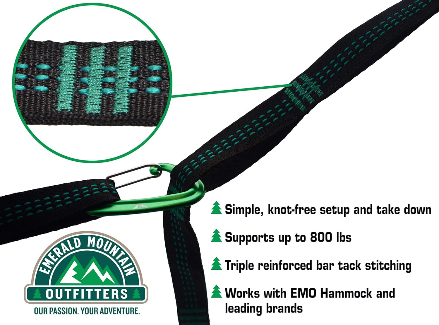 Emerald Mountain Outfitters XL Hammock Straps - Hammock Tree Straps Heavy Duty - 20 Feet and 42 Loops (Combined) - 100% No Stretch Suspension System Kit - Camping Hammock Accessories : Patio, Lawn & Garden