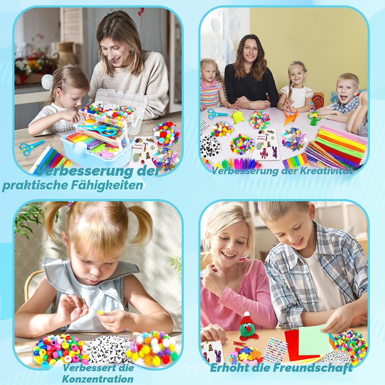 3000 Bastelset Kinder Basteln Bastelkoffer mit Pfeifenreiniger Bastelsets für Kinder im Alter von 4-6, 6-8, 8-12 DIY Schulbedarf Material Bastelbox Set Spielzeug Geschenke für Mädchen Jungen, Blau