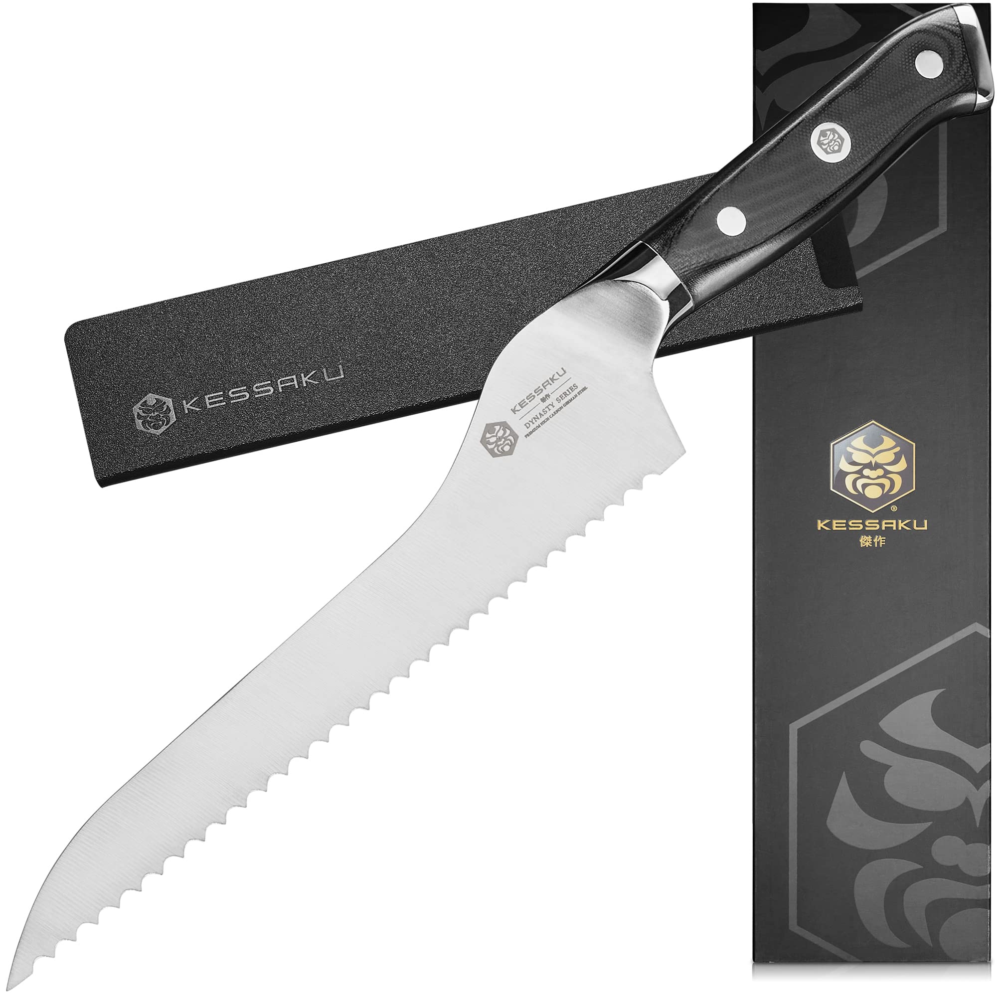 KESSAKUOffset Bread Deli Serrated Knife - 8 inch - Dynasty Series - Razor Sharp Kitchen Knife - Forged ThyssenKrupp German High Carbon Stainless Steel - G10 Garolite Handle with Blade Guard