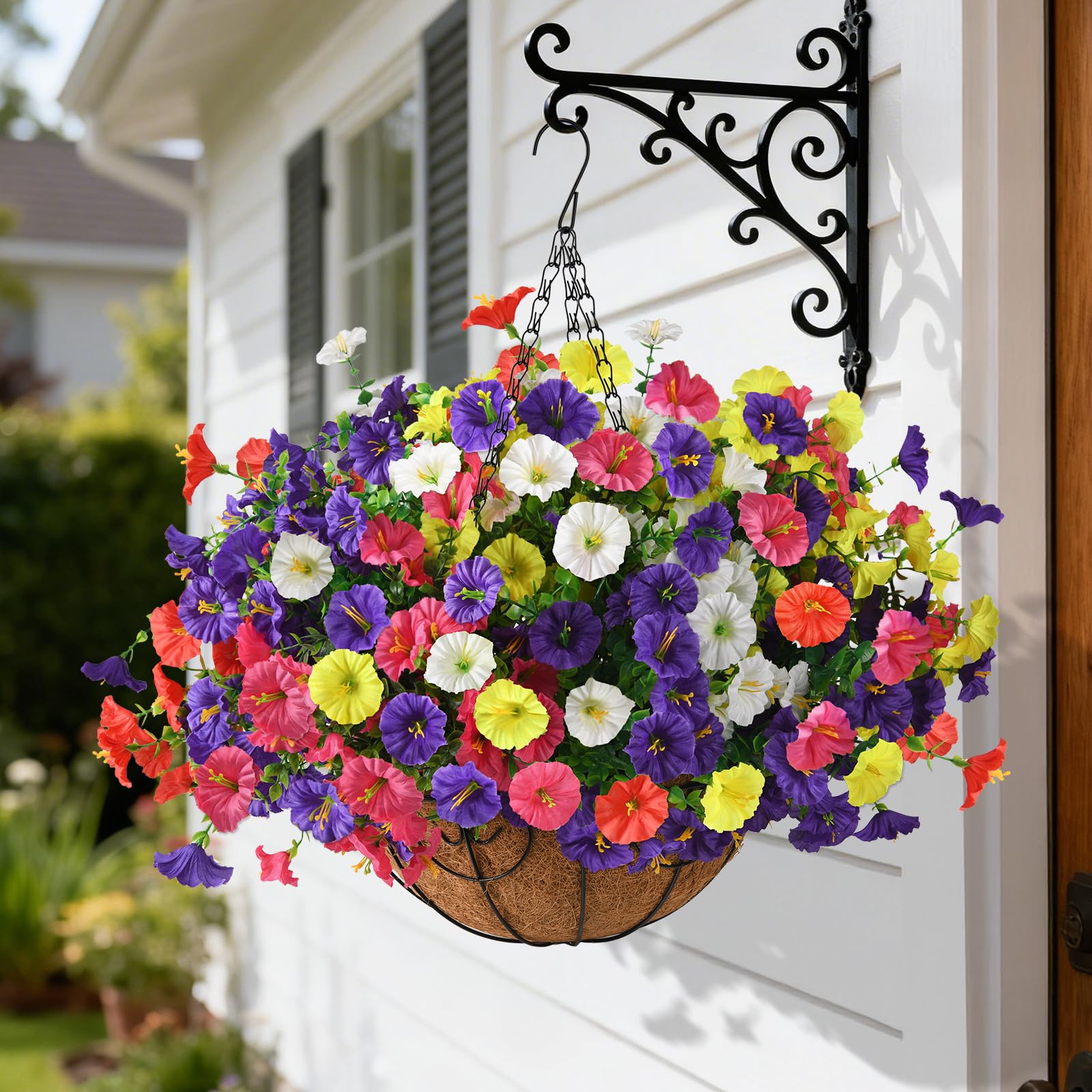 Amazon.com: Homsunny Artificial Hanging Flowers Plants with Basket for  Outdoors - Fake Petunias Flowers Fake Silk Morning Glory Planter for  Outside Porch Patio Balcony Garden Spring Summer Decor(Color Blending) :  Home &