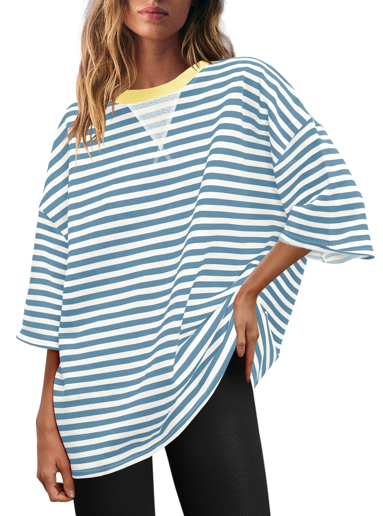 Panadila Womens Striped Short Sleeve Tunic Tops Oversized Crewneck T Shirt Casual Loose Fit Color Block Sweatshirt