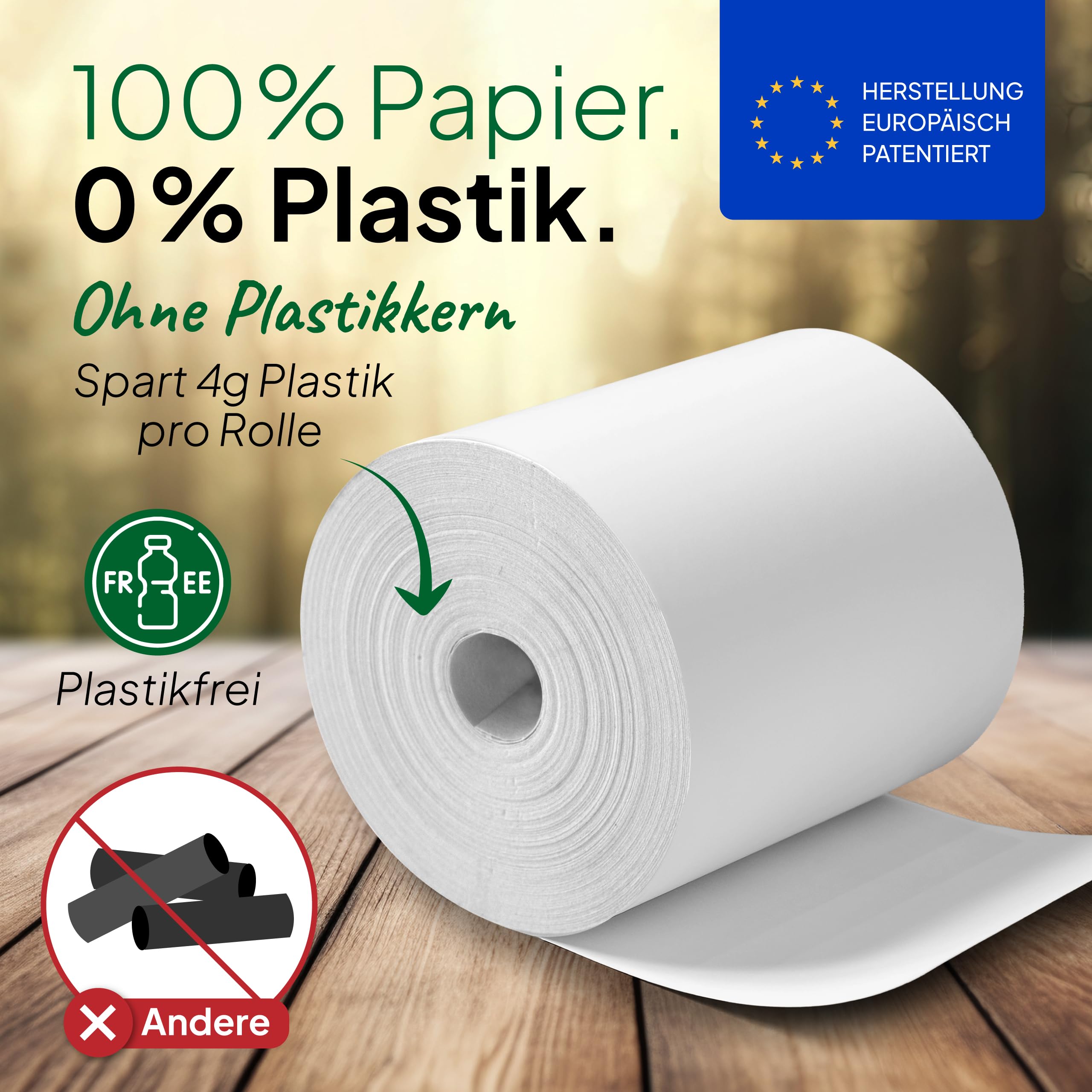coreless - 50 Thermorollen 58mm x 65mm x 12mm ohne Plastikkern - Rolle aus Thermopapier