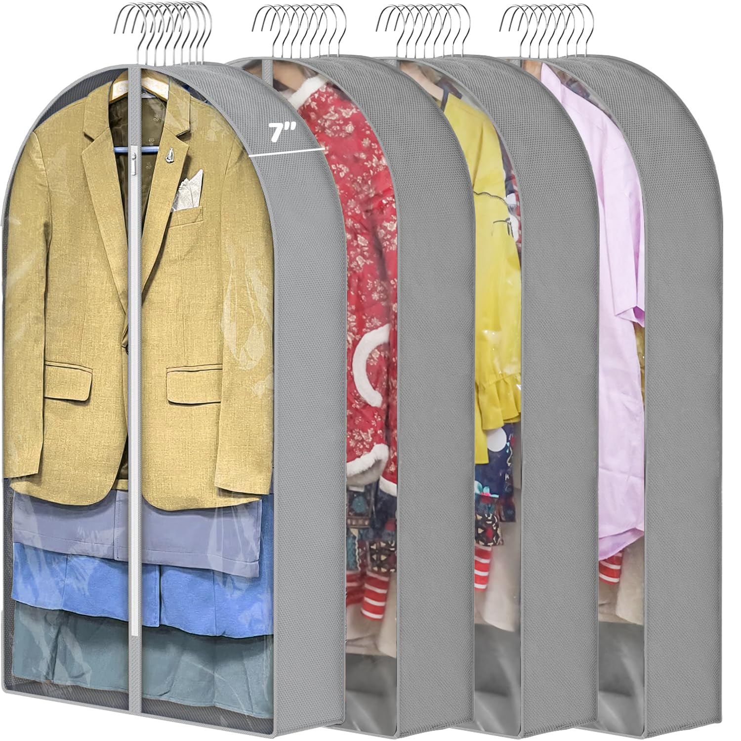 7" Gusseted All Clear Garment Bag for Hanging Clothes Storage, 4 Pack 40" Suit Bags Travel for Clothing, Shirts, Coats, Dresses