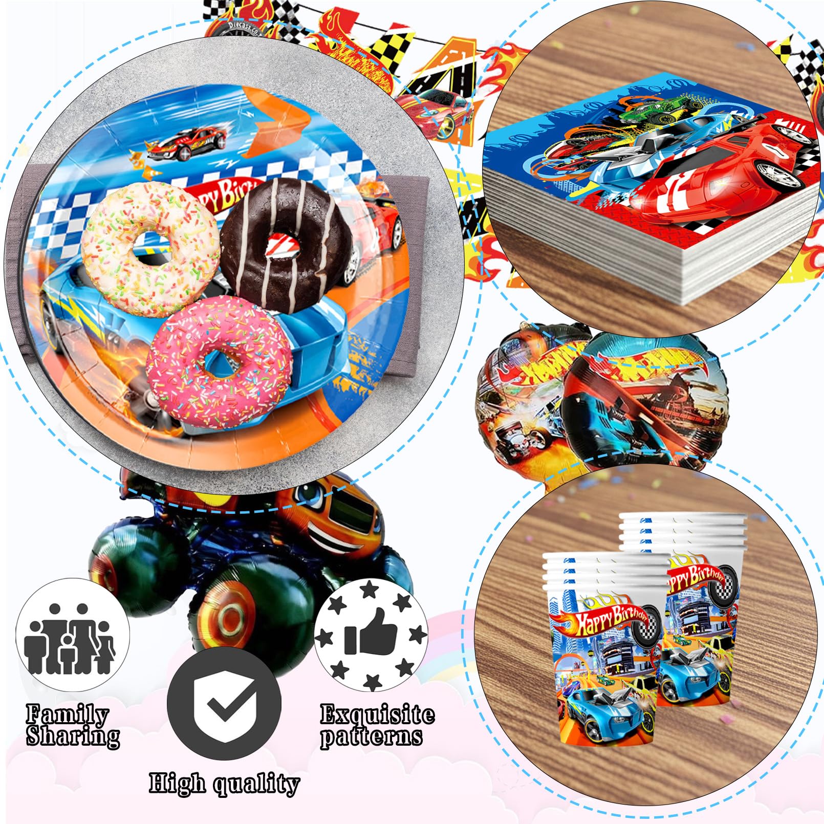 Set Compleanno Hot Whels Stoviglie Festa Auto, Stoviglie Festa Compleanno Auto, Include Tovaglia, Piatti Carta, Striscione, Decorazioni Compleanno per 10 persone