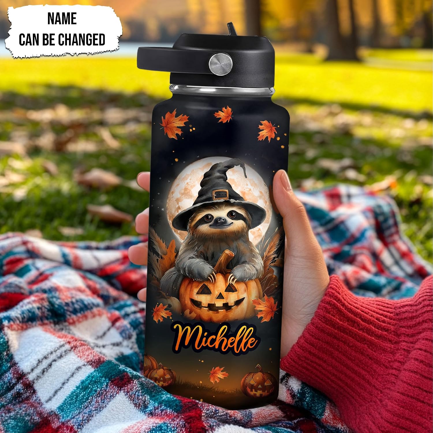 Hyturtle Personalized Halloween Sloth Water Bottle – Custom Name Sloth Insulated Stainless Steel Bottle with Leak-Proof Lid 18 oz 32 oz – Spooky Water Bottle for Women