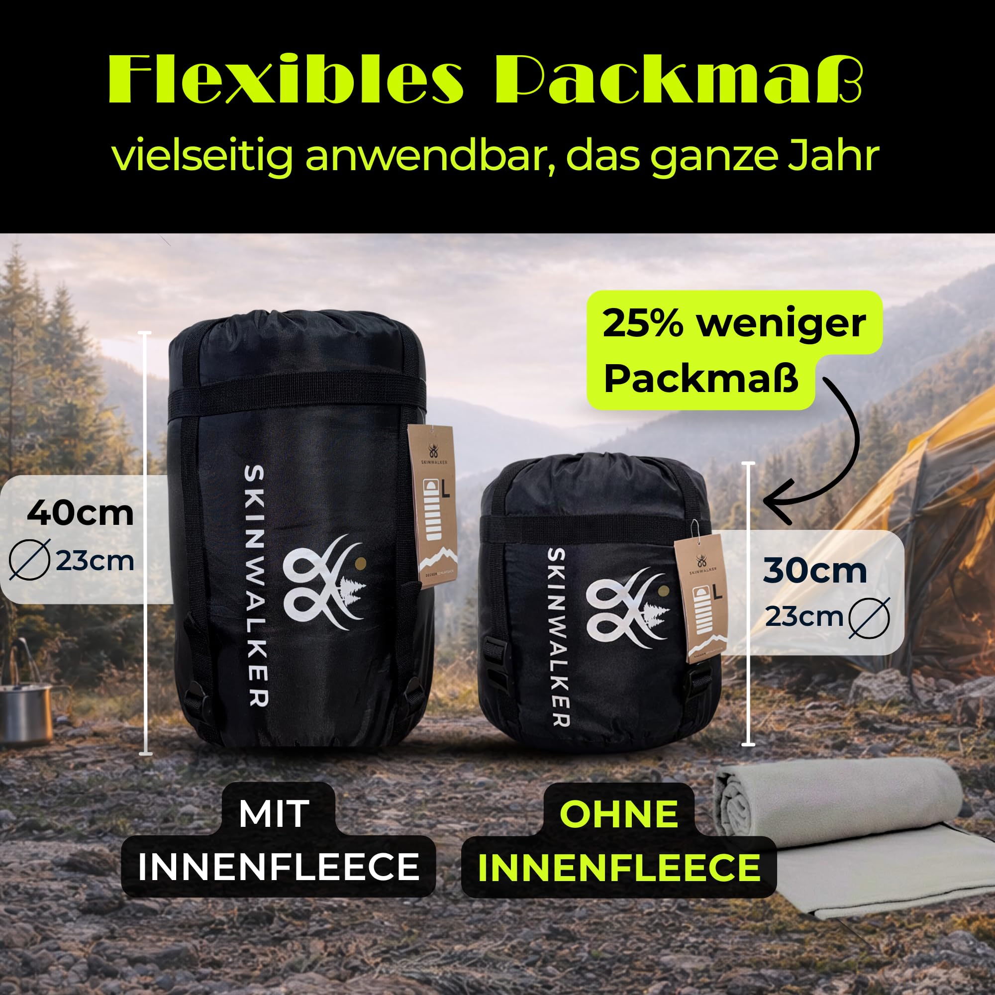 SKINWALKER Schlafsack Winter Outdoor bis −15°C mit Abnehmbarer Fleecedecke | Winterschlafsack für Erwachsene | 3–4 Jahreszeiten Sleeping Bag & Deckenschlafsack Sommer & Winter