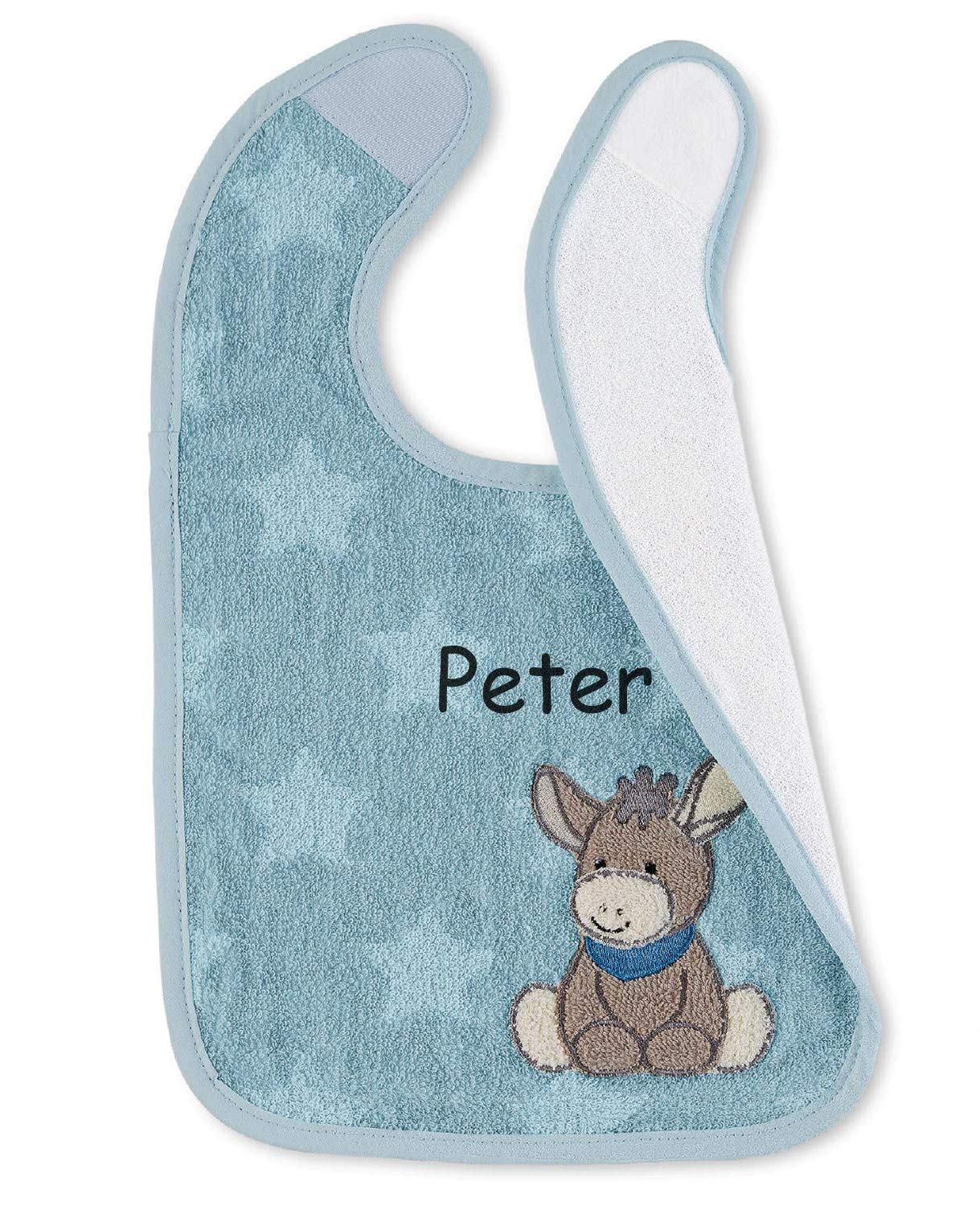 LALALO Sterntaler Lätzchen mit Namen bestickt, Baby & Kleinkind Spucktuch, Klettlätzchen Halstuch/Babylätzchen personalisiert (Esel Emmi Mittelblau wasserundurchlässig)