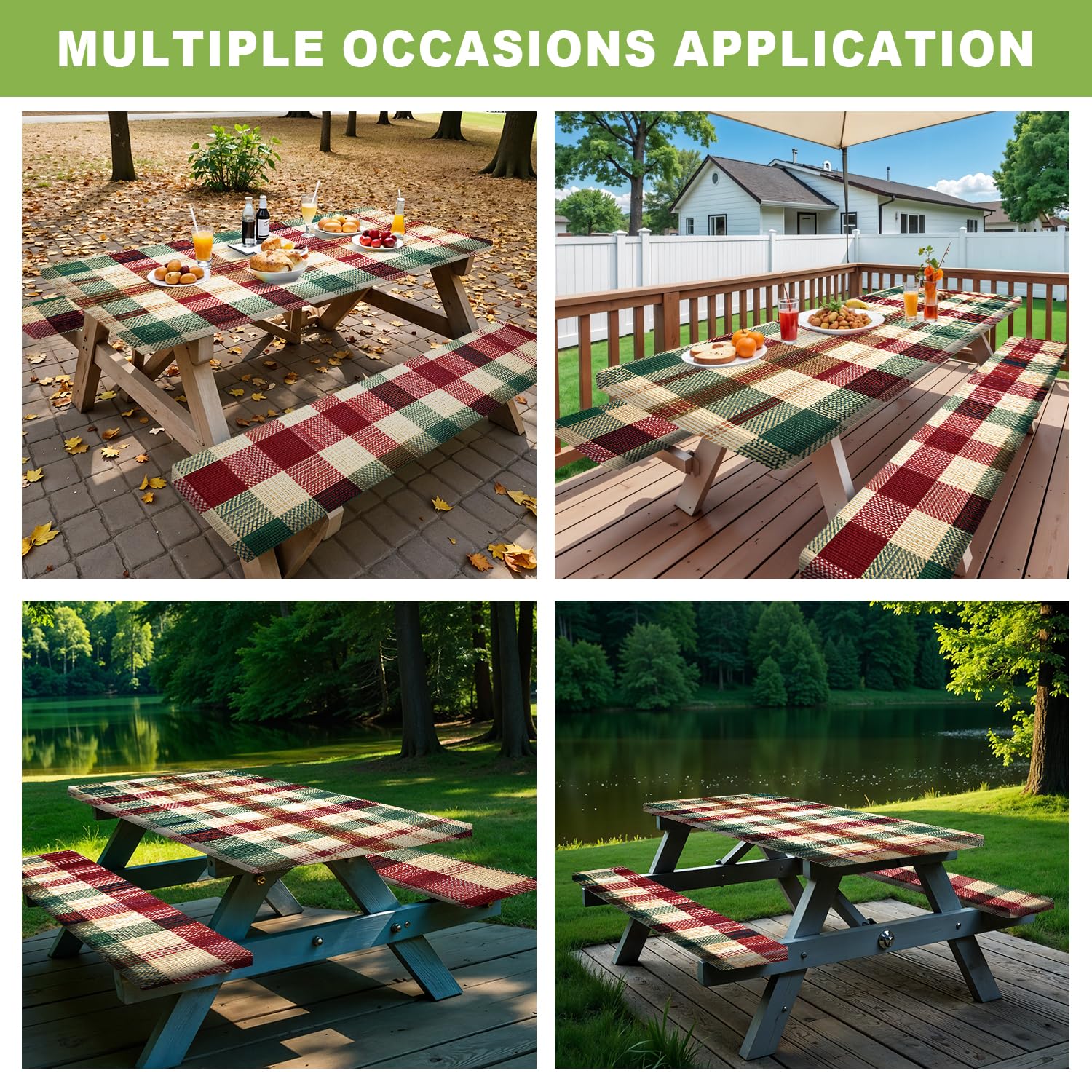 Nappe Table Pique Nique 6FT Carreaux Rouge Vert Lot de 3, Housse Imperméable Extérieur 72"x30" avec Housses Banc
