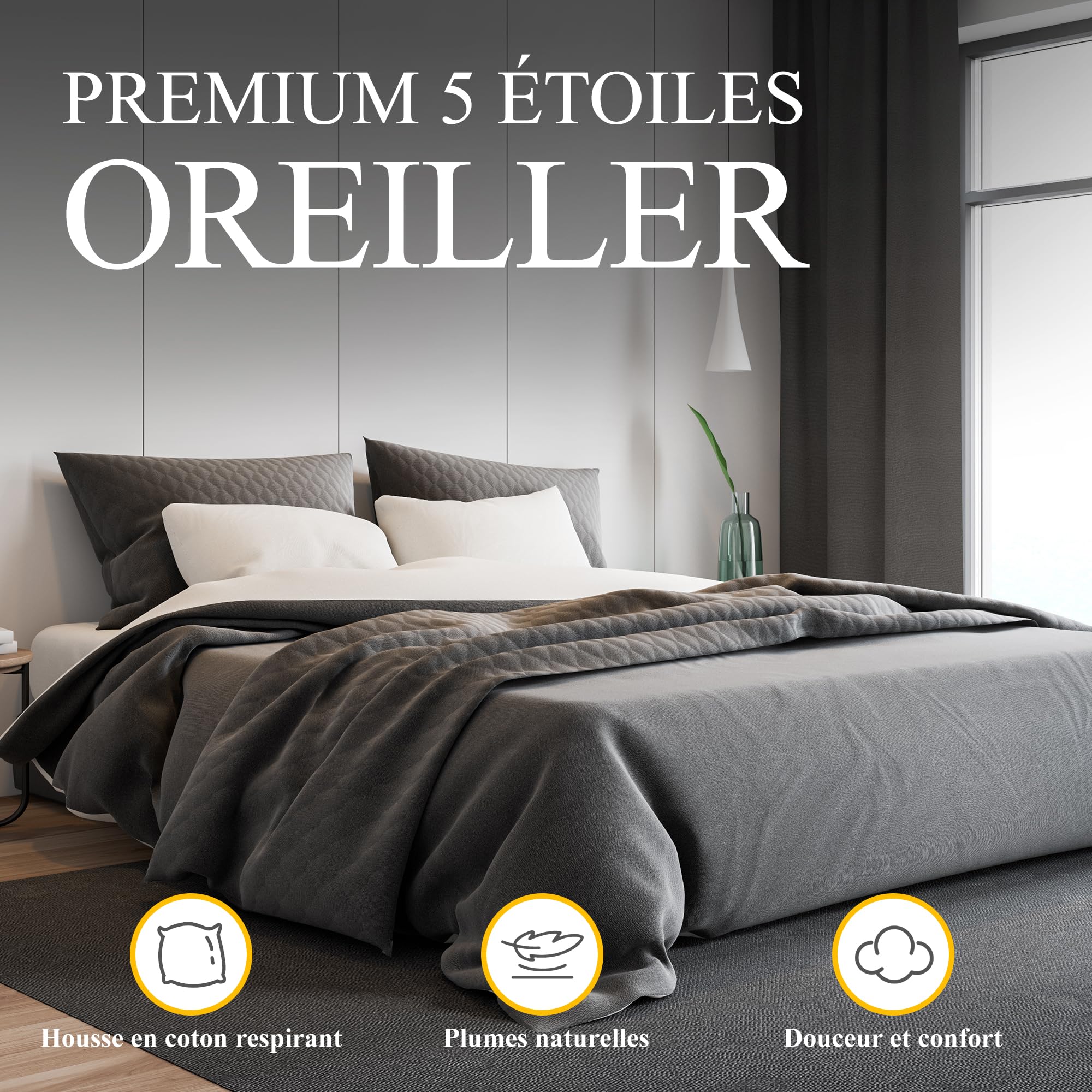 Oreiller Plume 60x60 en Duvet Premium Oreillers Moelleux Coussins de Luxe | Oreiller 60x60 cm, Coussin Plume, Oreillers Confort Ergonomique pour Dormeurs sur Le Côté, Le Dos, Certifié RDS et Oeko-TEX