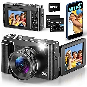 4K Digital Camera with WLAN 64MP WiFi Compact Camera with 3 Inch 180  Folding Screen 16X Digital Zoom Auto Focus Anti-Shake Slow Motion 32GB Card 2 Batteries