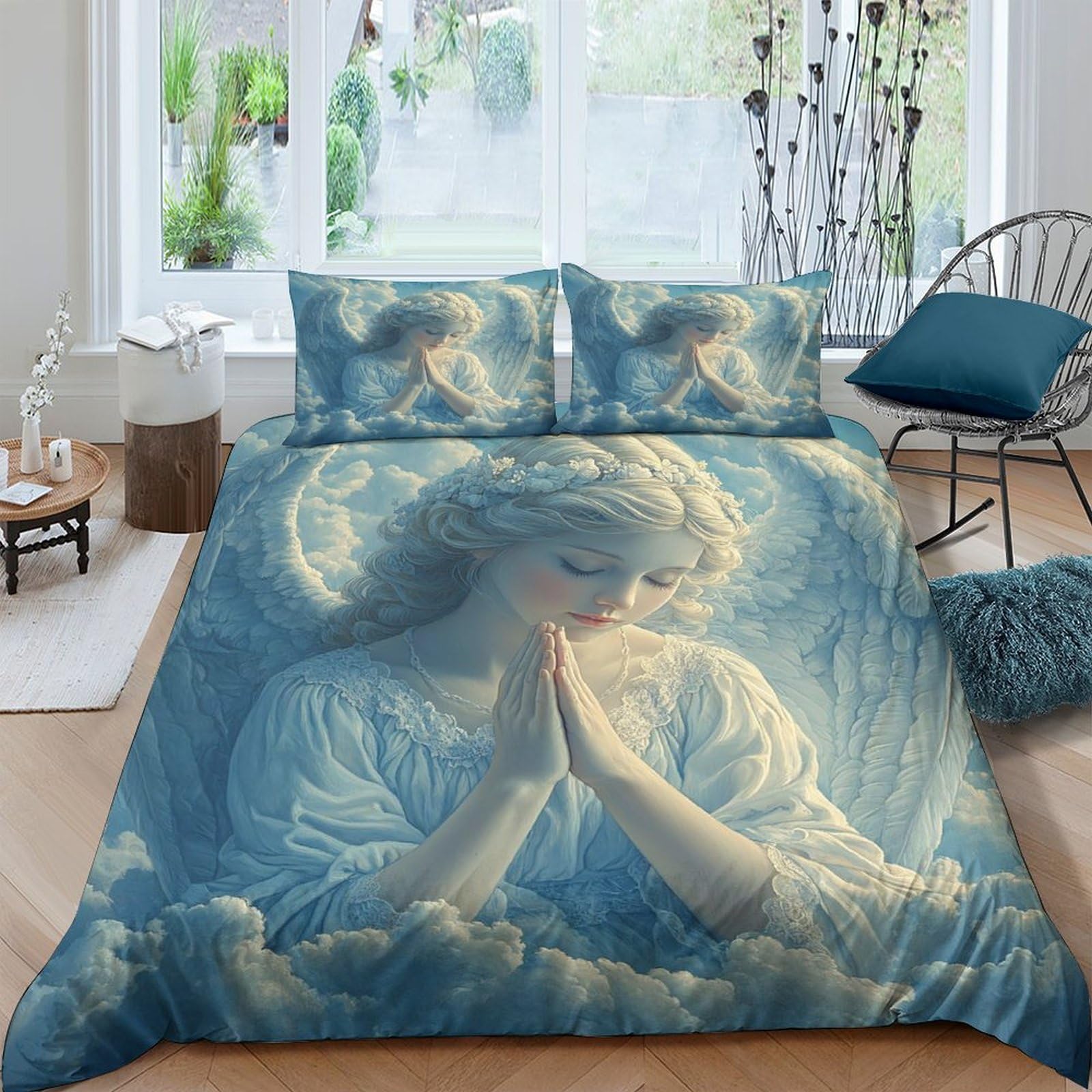 Ctjqhvkz Style-10 3D Printed Angel Praying Fitted Sheet Microfiber Soft Blue Clouds Mattress Cover For Bedroom Decor Protection Single（135X200cm）
