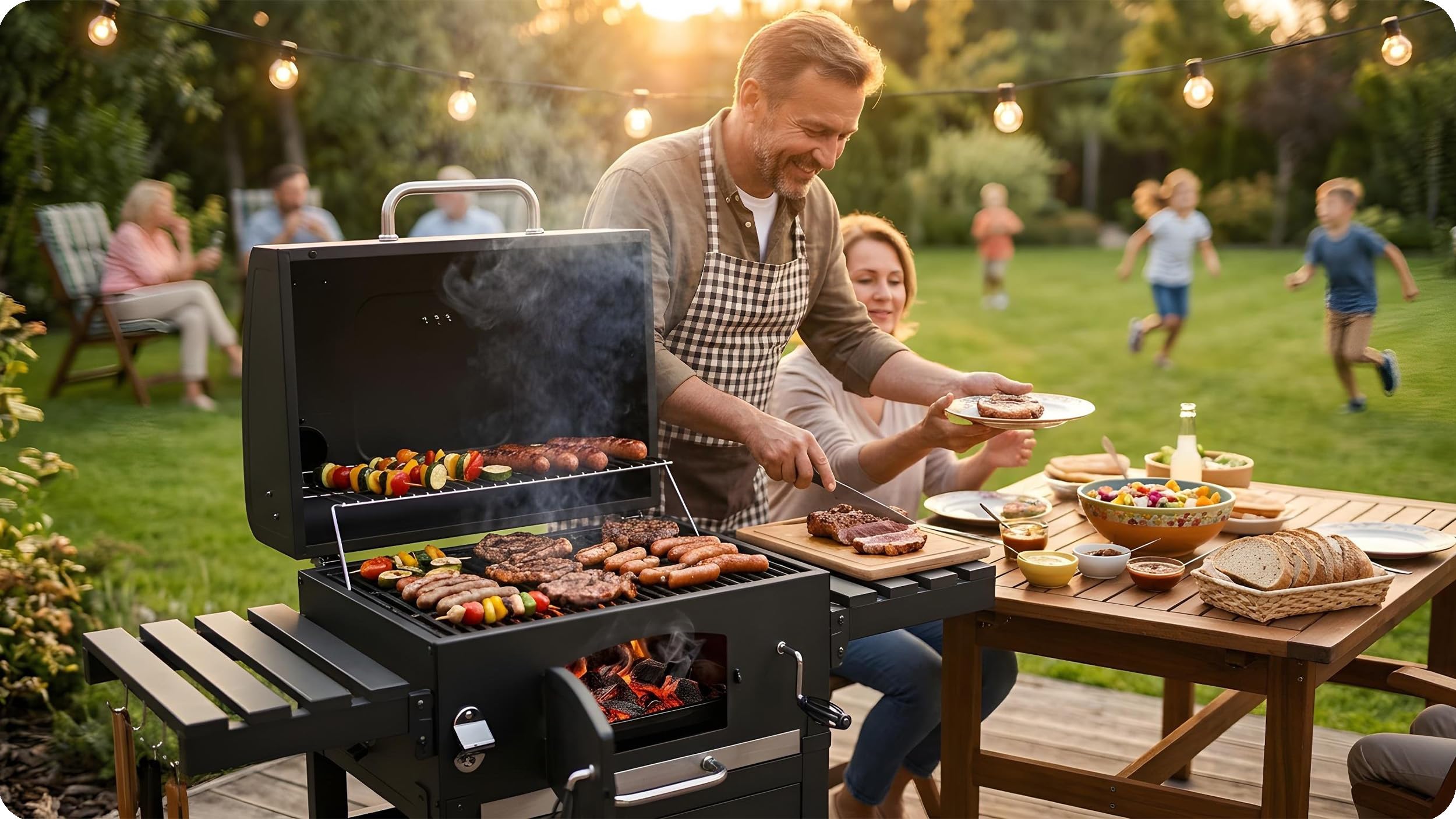 Berdsen Grill Węglowy Ogrodowy BBQChef z Kominem i Żeliwnym Rusztem 41,5 x 57 cm - Regulowane Palenisko, Termometr, Składane Półki, Szafka - Przenośny na Kołach - Antracytowy