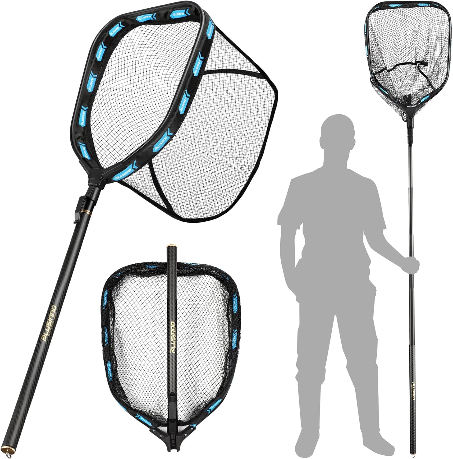 PLUSINNO Carbon Fiber Floating Fishing Net - Ultralight Telescoping Landing Net 6.56-7.86ft for Kayak Bass Trout Salmon