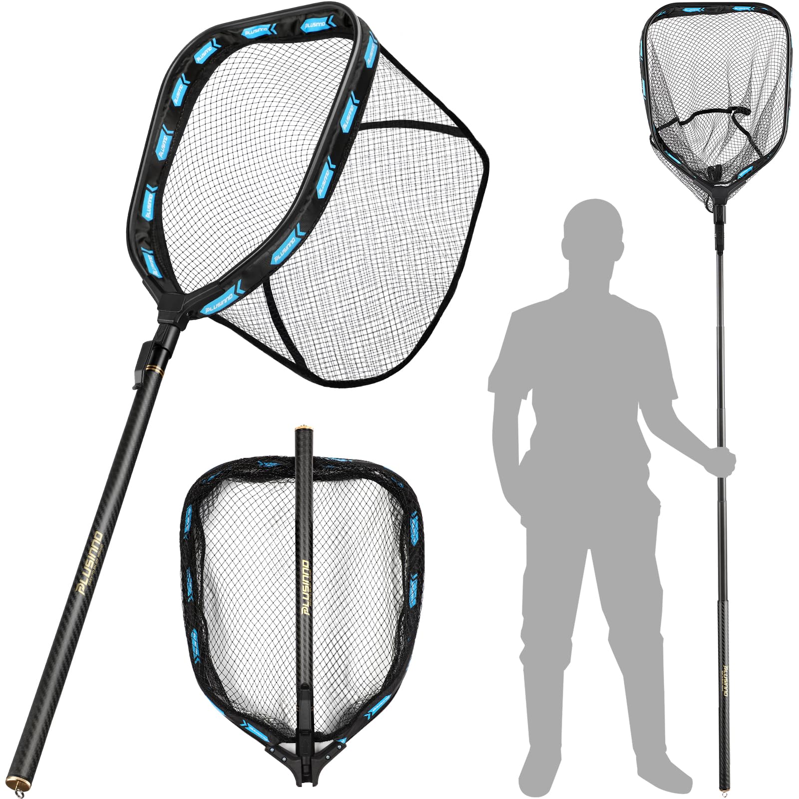 PLUSINNO Floating Fishing Net with Telescoping Handle, Carbon Fiber Ultralight Long Fish Net, Collapsible Landing Net 6.56/7.86Ft, Fishing Gear Kayak Accessories for Bass Trout Salmon