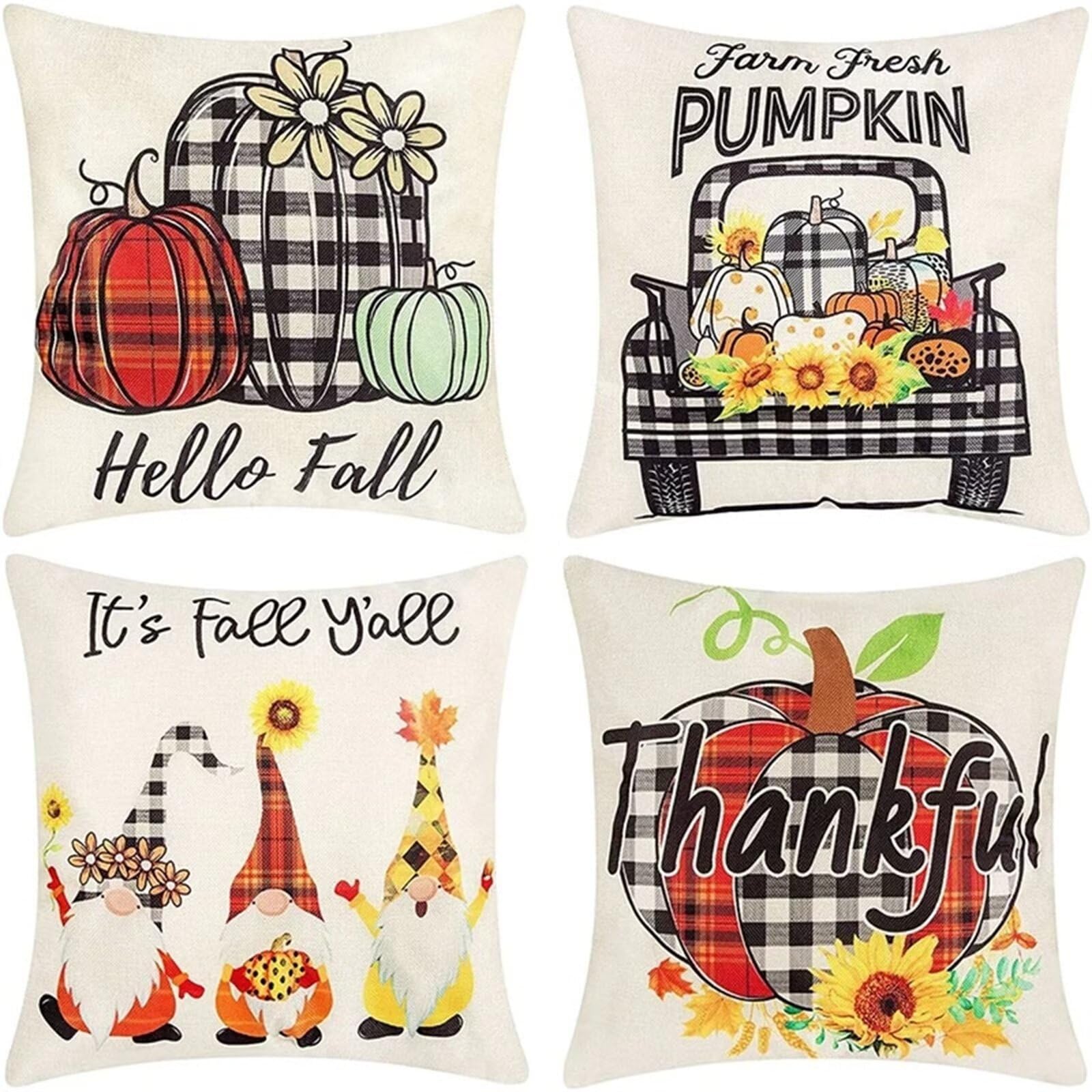 Juego de 4 Impermeable Funda de Cojín Calabaza a cuadros negros,55x55cm Moderno Suave Transpirables Lino Fundas de Almohada Cojines Decor con Cremallera Oculta para Exterior Sofá Cama Coche Hogar