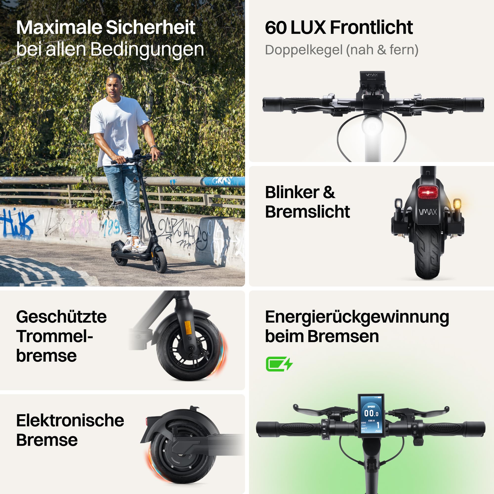VMAX E-Scooter VX2 Extreme Serie, E-Roller mit Straßenzulassung in D, Bis zu 70 km Reichweite, 20 km/h Geschwindigkeit, bis 150 kg Traglast, Blinker, 500W Motor
