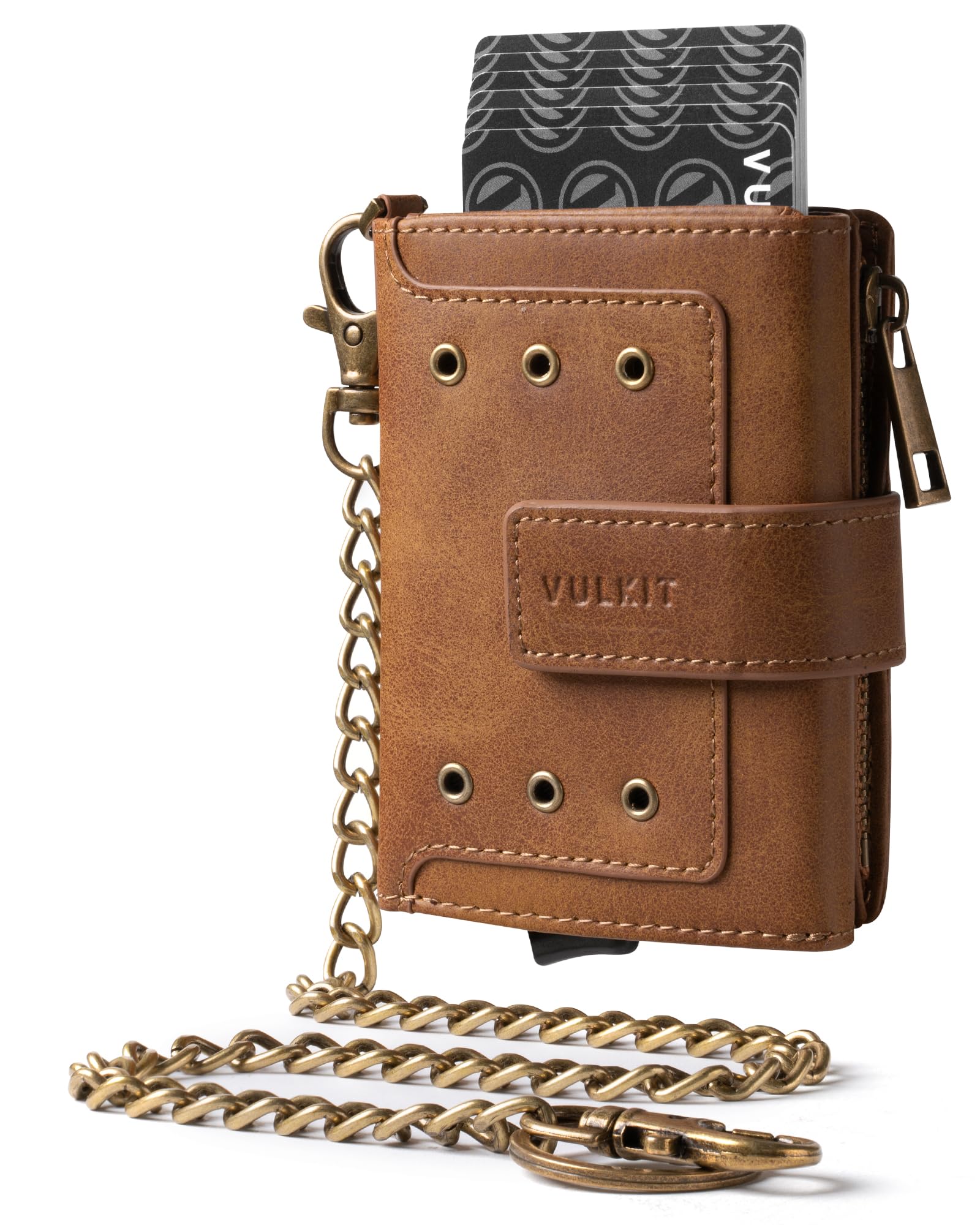 VULKIT Mens Wallet RFID Protected with Chain, POP UP Credit Card Ejector Case, ID Window, Zipper Pocket for Coins and Compartment for Bills/Banknotes,