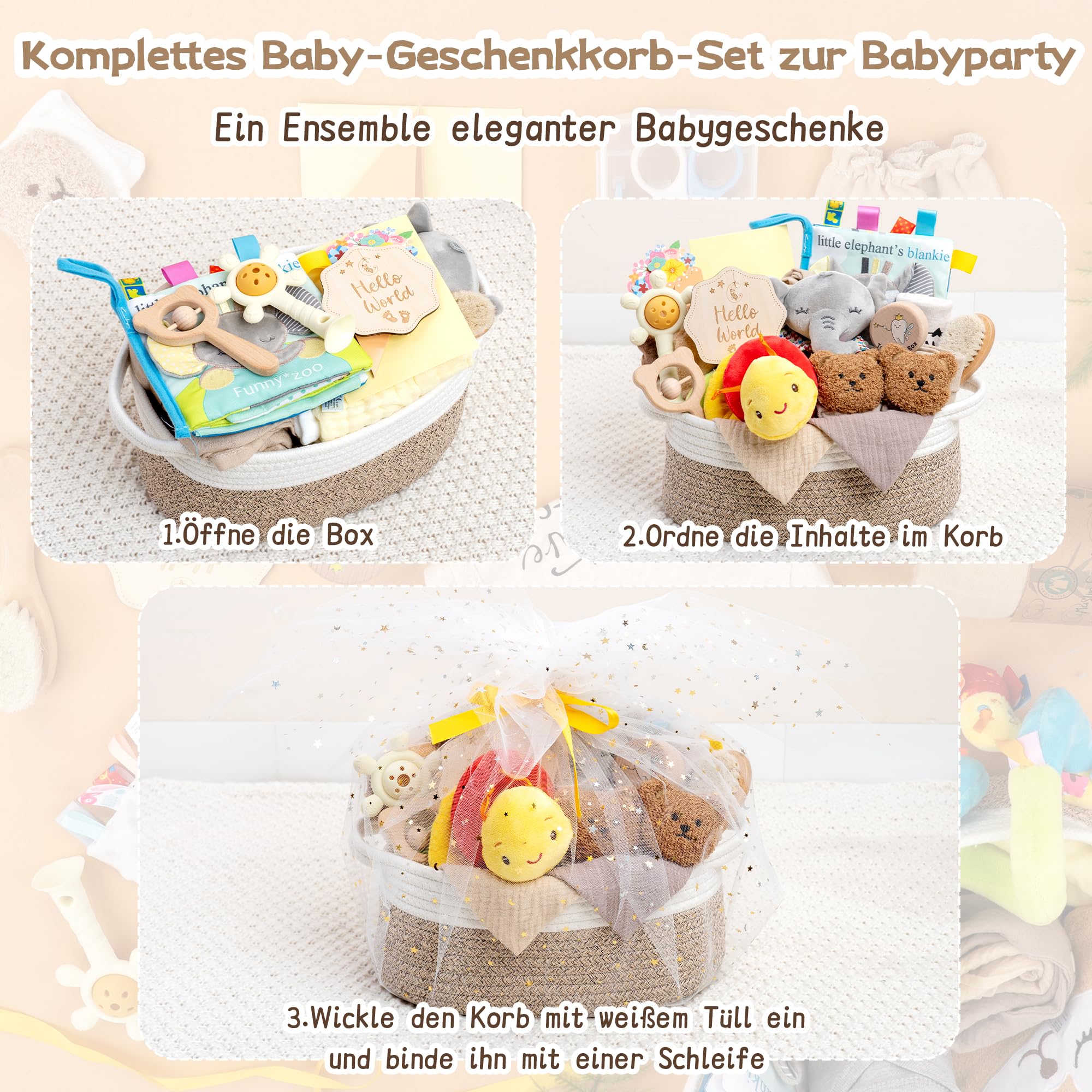 Neugeborenen Geschenk 24-teiliges，Baby zubehör, Strampler, Schnuffeltuch, Rassel & Karte，Geschenk zur Geburt für Babys (Khaki)