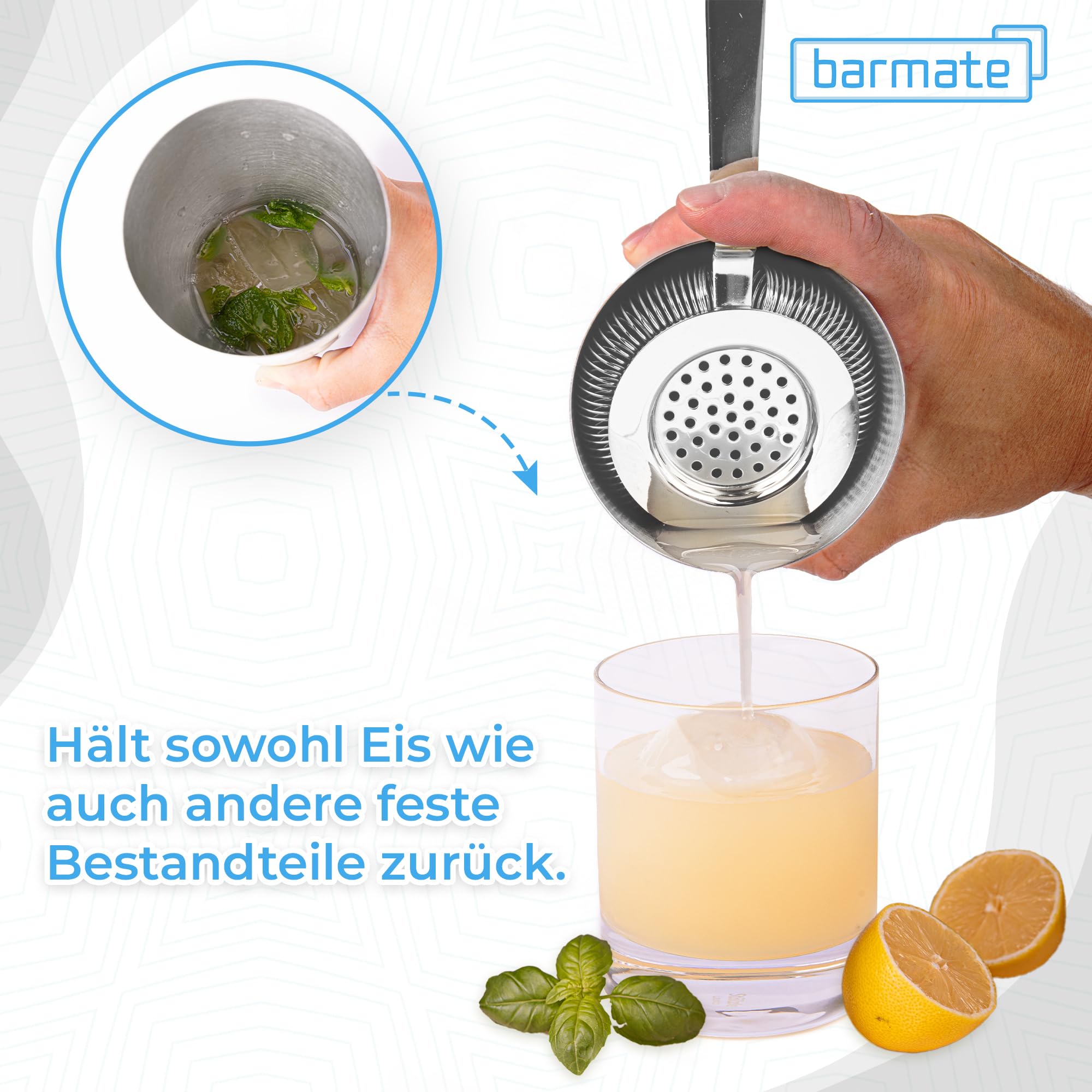 Boston Cocktail Shaker aus Edelstahl und beschwert als 3 teiliges Set bestehend aus einem Shaker, einem Jigger und einem Sieb