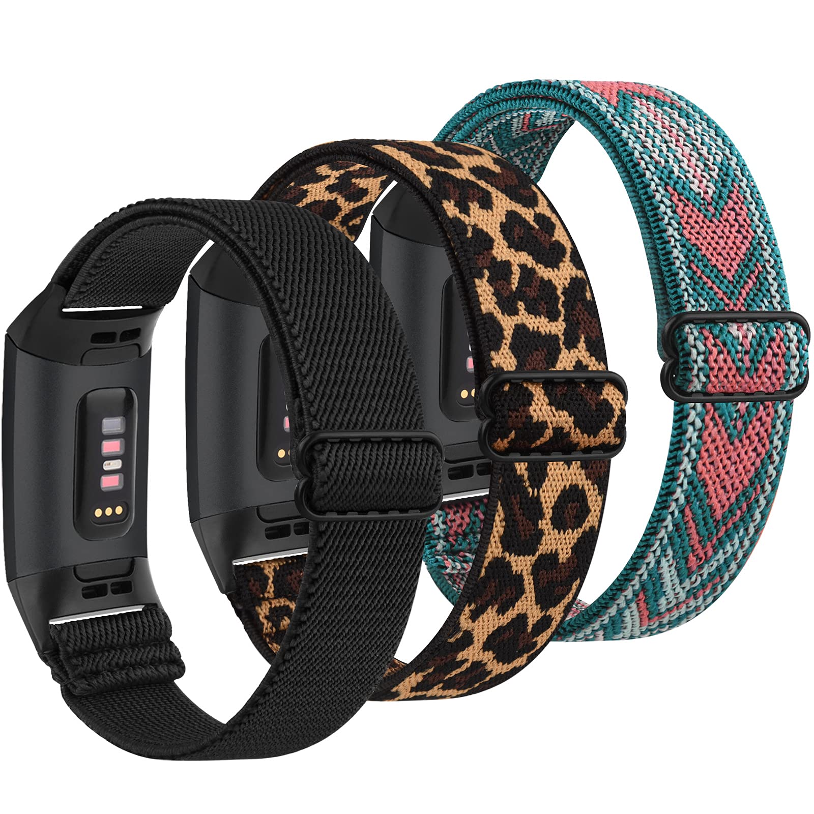 Oumi Pack 3 Stretchy Strap Compatible with Fitbit Charge 3 Strap/Fitbit Charge 4 Strap, Soft Adjustable Elastic Replacement with Stylish Pattern, Nylon Woven Sport Wristband (Pack B)