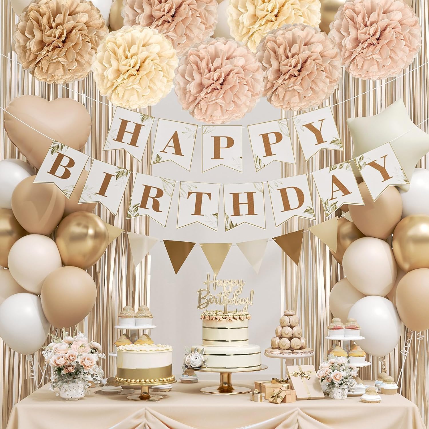 Boho Birthday Decorations with Dusty Light Pink Beige Paper Pompoms