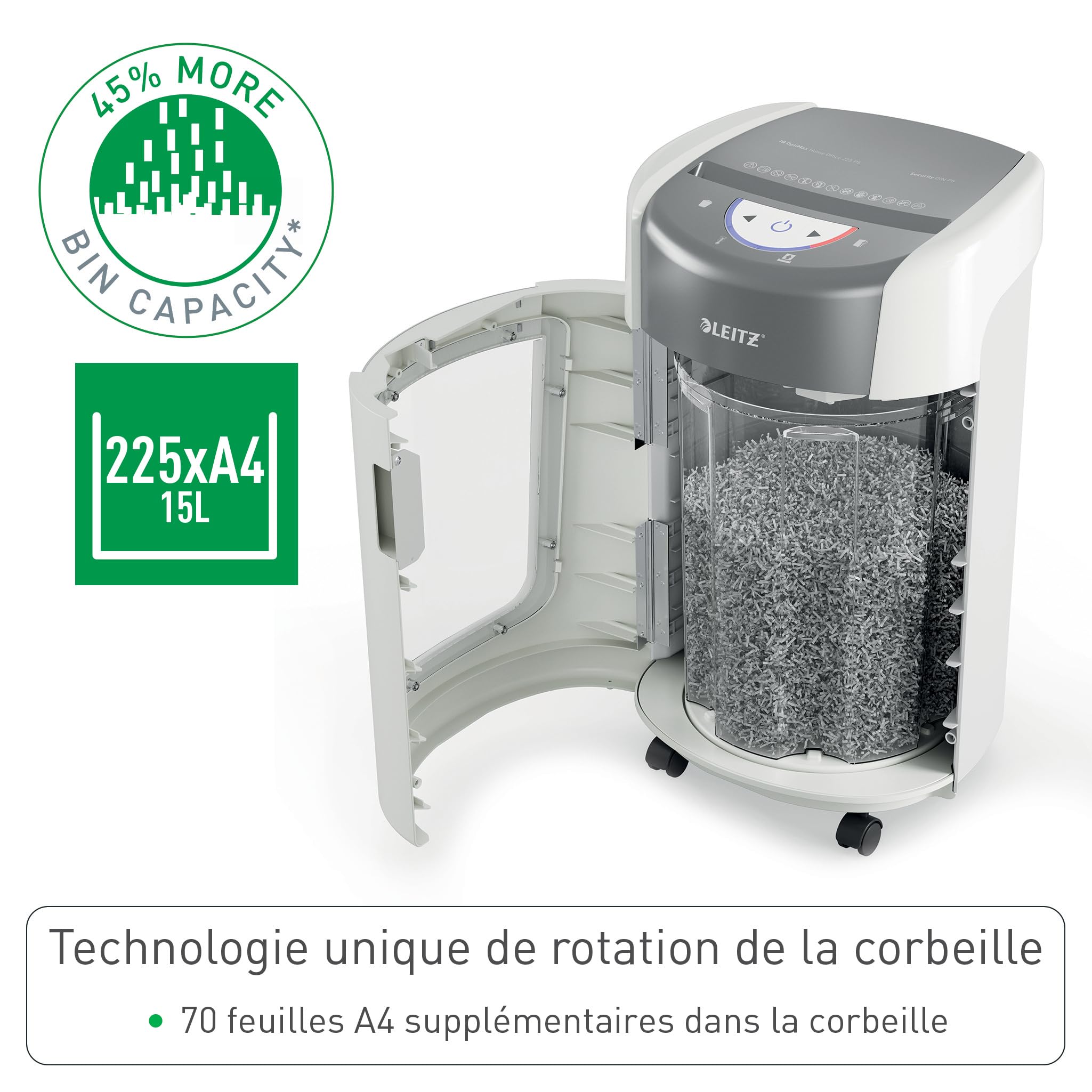 Leitz IQ Optimax Home Office 225 Destructeur de Papier Coupe Micro P5, 8-6 Feuilles, 225 x A4 (15L)