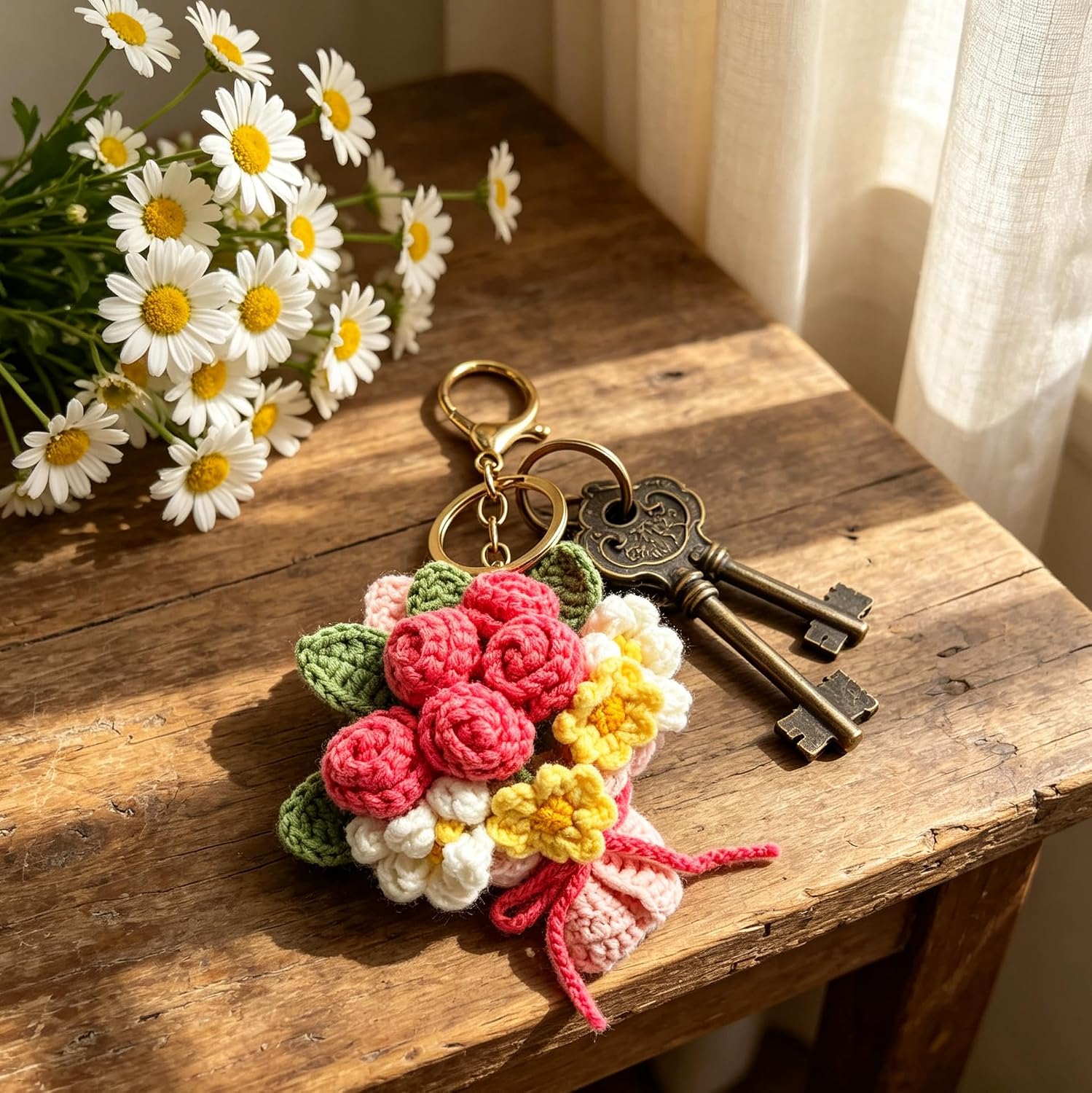 Handmade Crochet Flower Keychain, Cute Keychains for Women Girls Novelty Aesthetic Keychains Holiday Gifts image 2