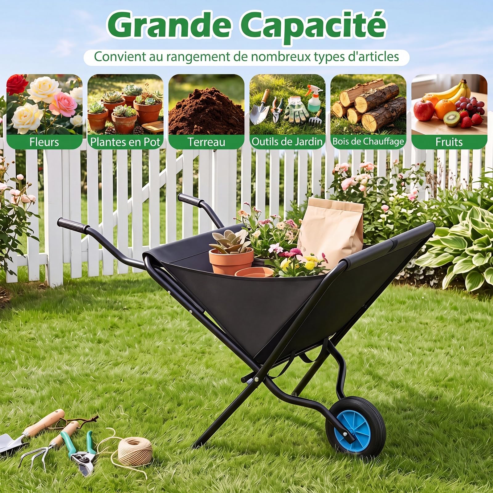 COSTWAY Brouette de Jardin Pliable, Sac en Toile d'Oxford