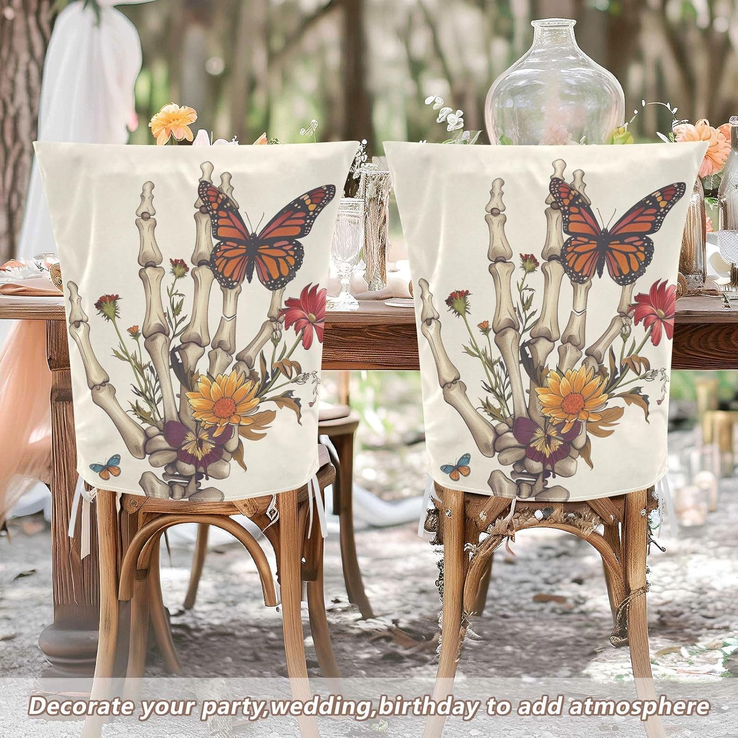ALAZA Butterfly Florals Skeleton Chair Back Cover Set of 6, Washable Reusable Removable Chair Slipcovers Decorative Chair Cover for Home Kitchen Wedding Party
