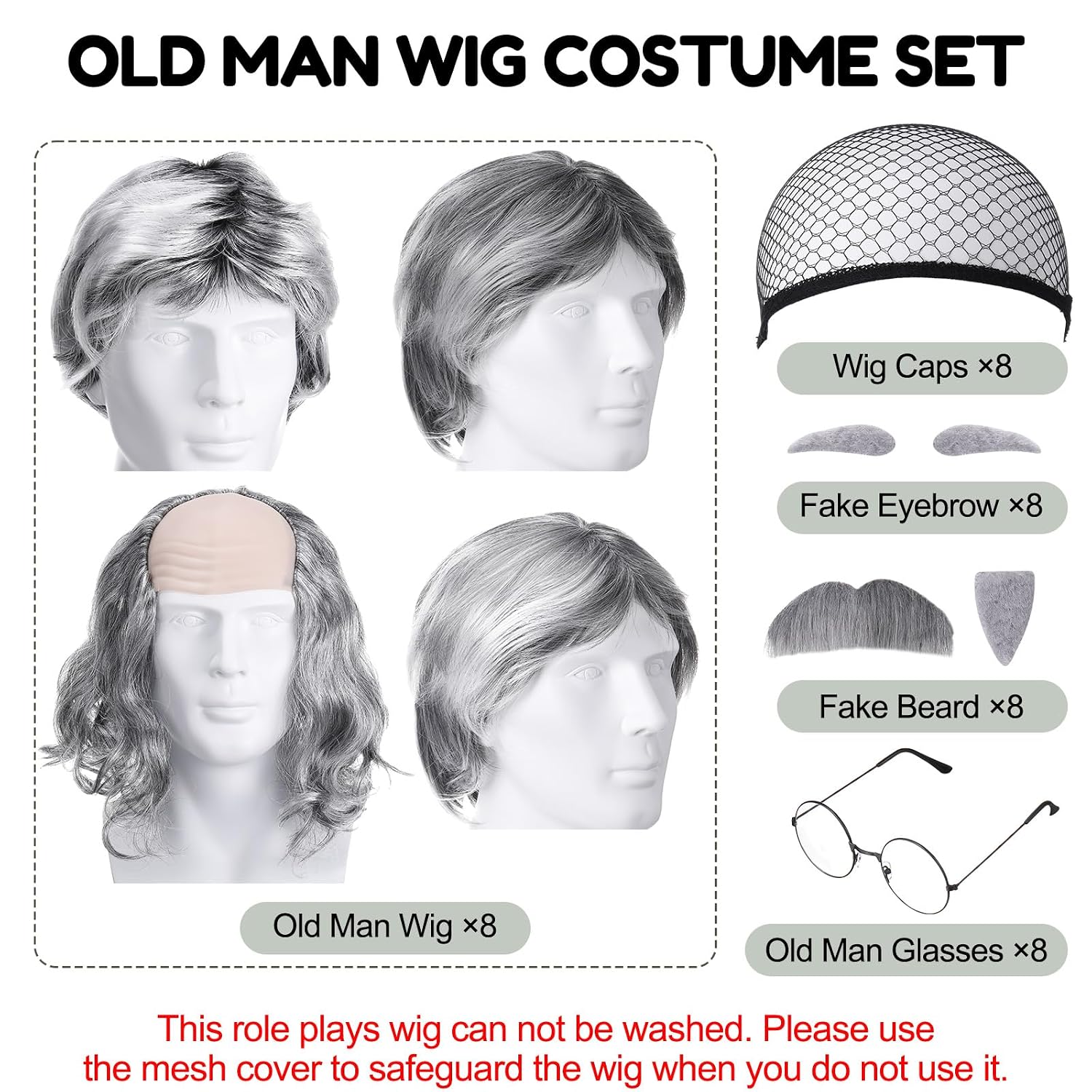 32 Pcs Old Lady Wig Costume Set for Women, Gray,Black, Grandpa image 4