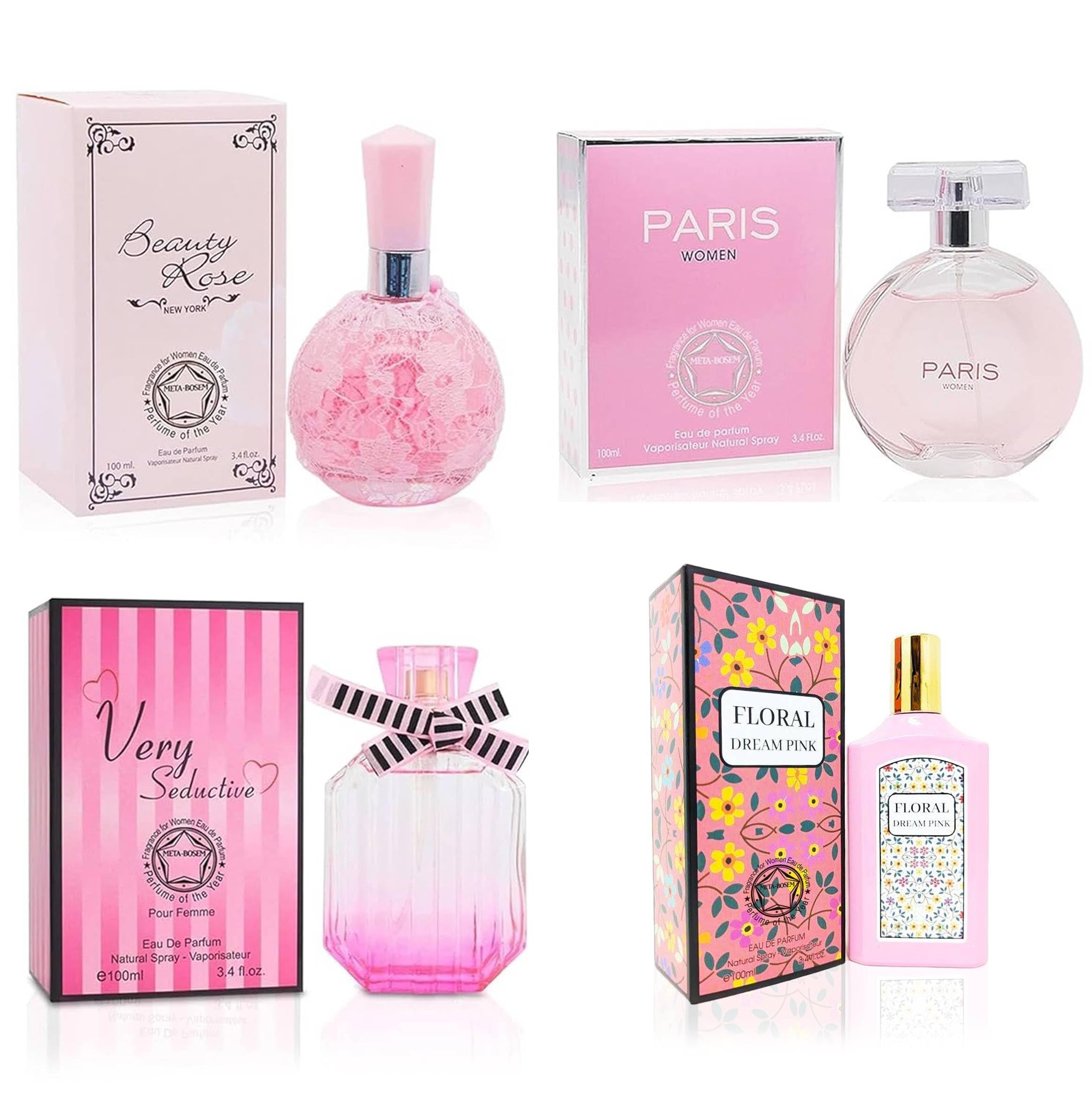 META-BOSEM 4-Pc Pink Perfume Collection (Beautiful Rosy+Paris for Women+Very Sexy+Spring Blom), Eau de Parfum Natural Spray - Floral Scent, Each 3.4