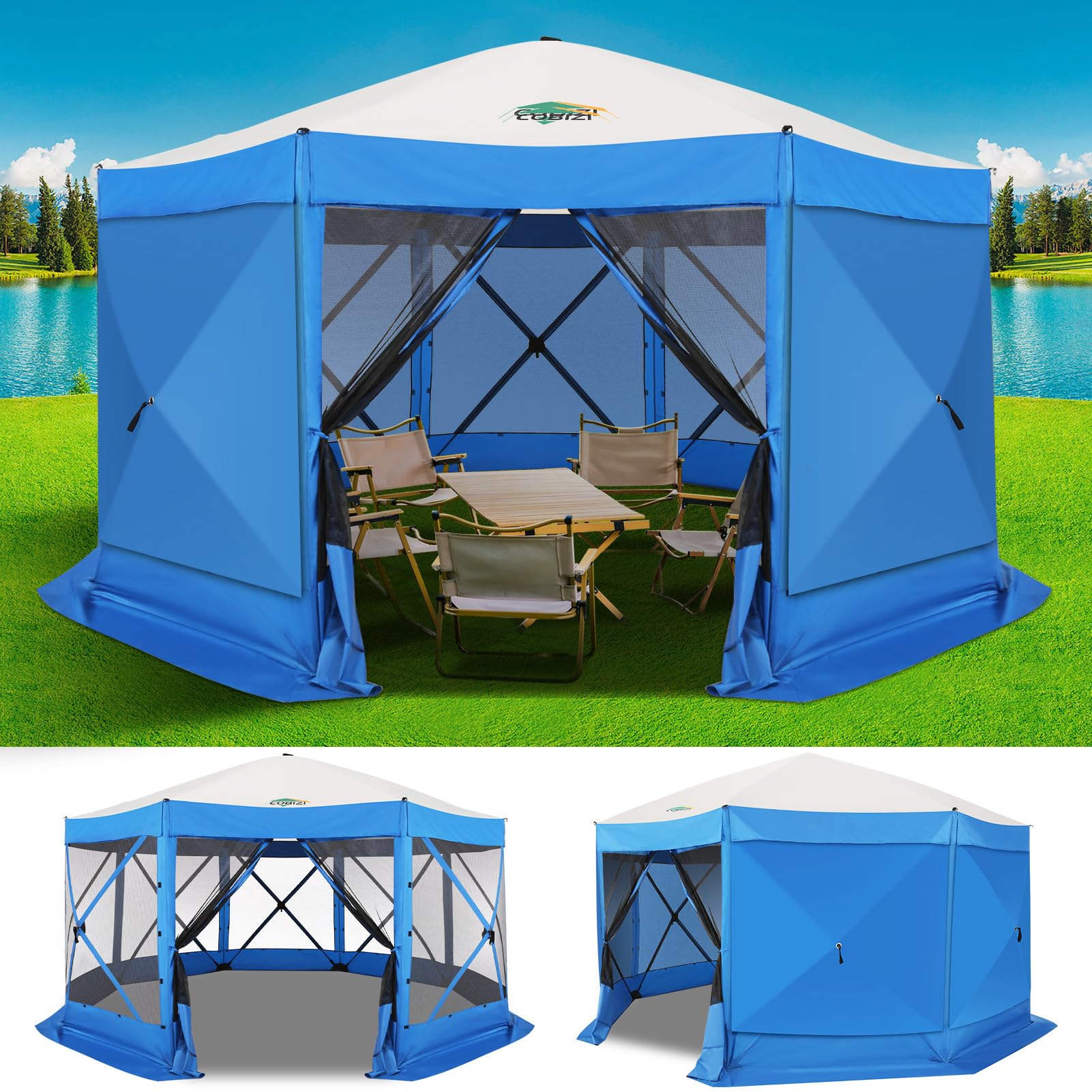 COBIZI 15x15 FT Pop Up Gazebo - Canopy Tent, Large Gazebos On Clearance with Sidewalls, Screened in Gazebo,carpas para Patio,Portable Screen Tents for 12-15 Persons Outdoor Camping, Backyard, Blue