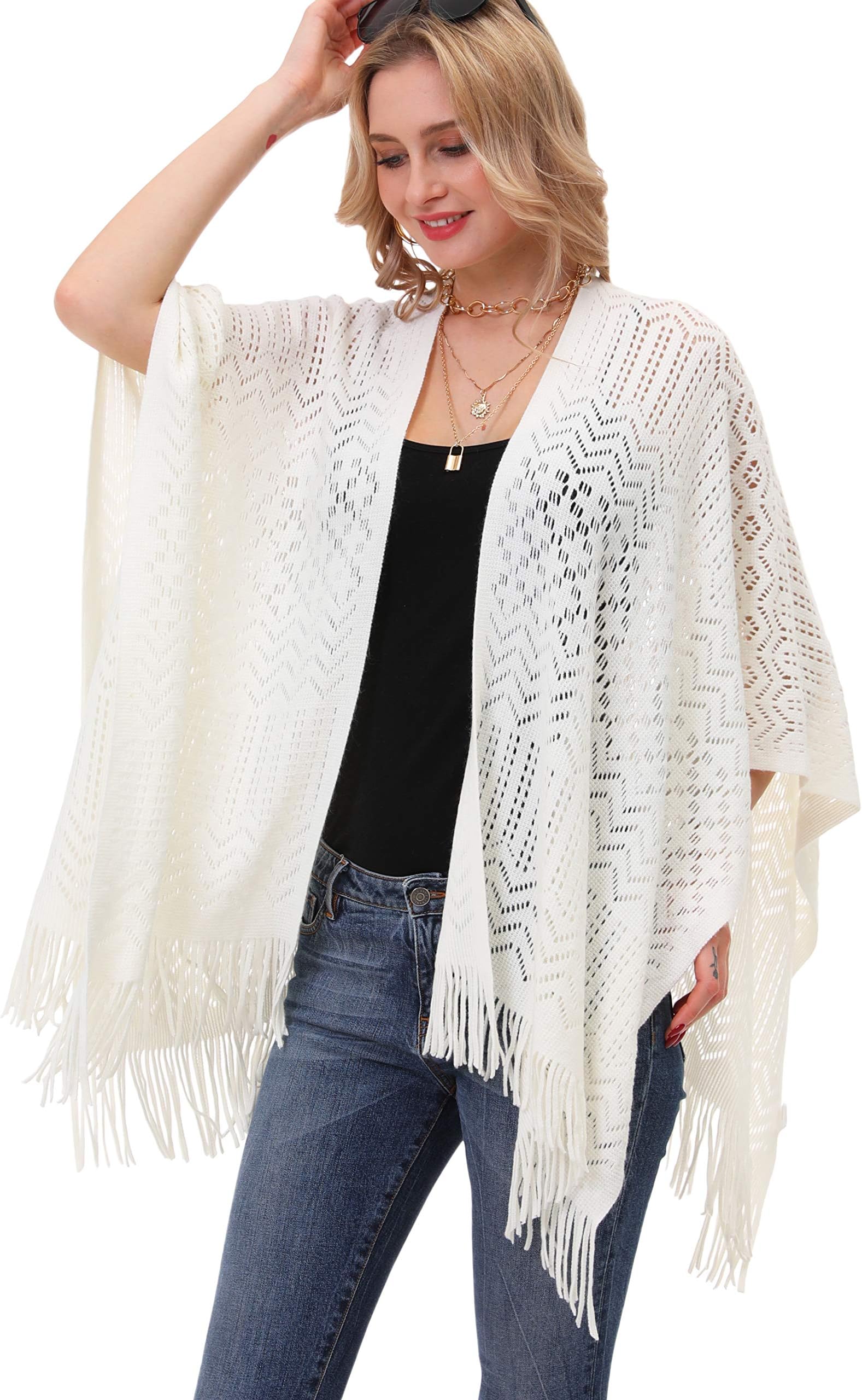 Knit Shawl Wrap for Women - Soul Young Ladies Fringe Knitted Poncho Cardigan Cape