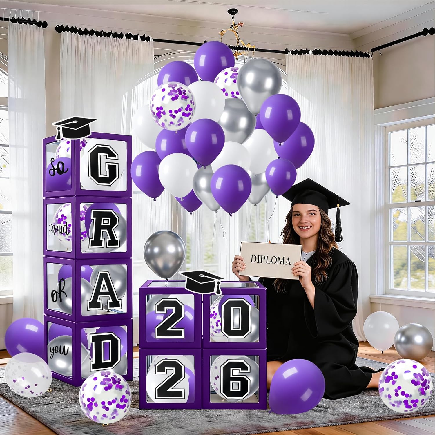 Graduation Decorations 2026 Graduation Party Decorations Set of 4 Boxes with 129pcs Balloons Arch Garland Kit Party Supplies for Any Grades Purple