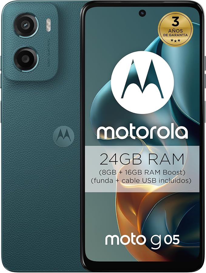 Moto g05 24GB (8G+16GB RAM Boost)/256GB Azul, España, Pantalla superbrillante de 6.67 Pulgadas, Sistema de cámaras de 50 MP, Modo Retrato con IA, Soft Luxe, Corning Gorilla Glass 3, batería 5200 mAh