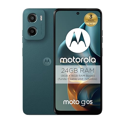 Moto G05 24Gb (8G+16Gb Ram Boost)/256Gb Azul, España, Pantalla Superbrillante De 6.67 Pulgadas, Sistema De Cámaras De 50 Mp, Modo Retrato Con Ia, Soft Luxe, Corning Gorilla Glass 3, Batería 5200 Mah