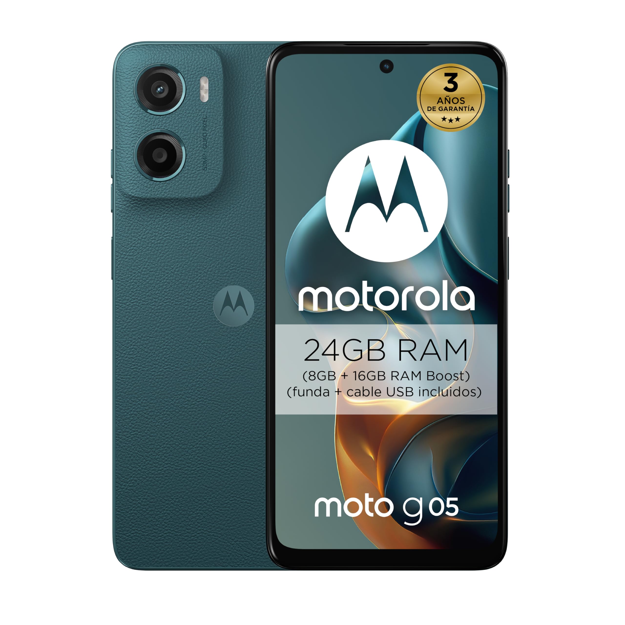 Moto g05 24GB (8G+16GB RAM Boost)/256GB Azul, España, Pantalla superbrillante de 6.67 Pulgadas, Sistema de cámaras de 50 MP, Modo Retrato con IA, Soft luxe, Corning Gorilla Glass 3, batería 5200 mAh