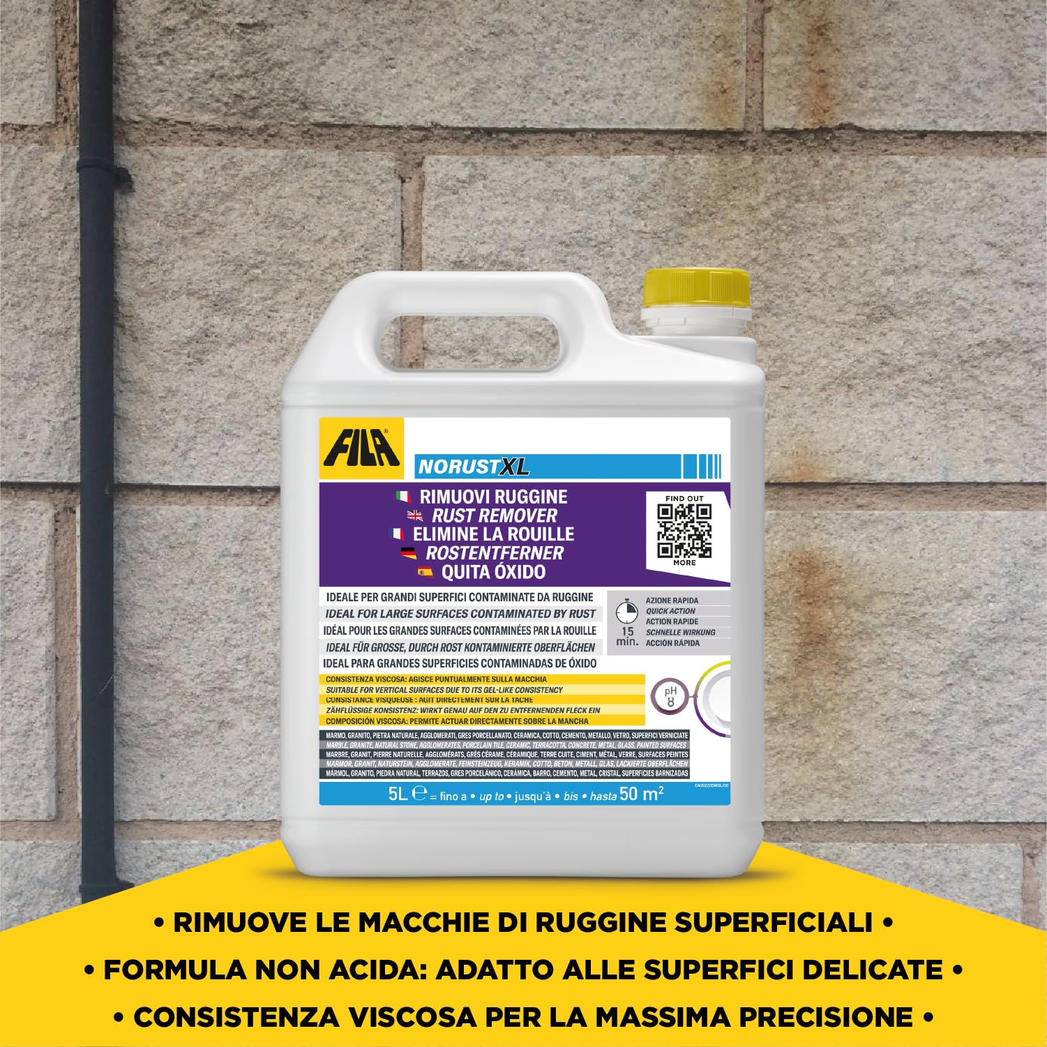 FILA Solutions NORUST XL Smacchiatore Ruggine Marmo Gres Cotto - 5L | Soluzione concentrata per rimuovere macchie di ossidazione estese da pavimentazioni e pietre naturali
