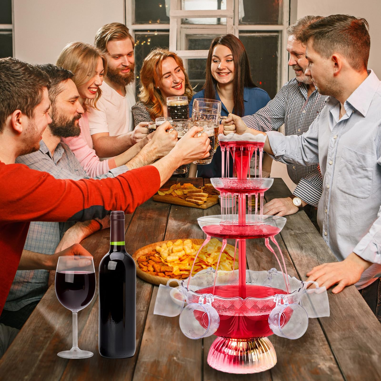 3 Niveaux Fontaine de Fête avec Boissons Réutilisables, Vin Éclairé LED, Fontaine à Boire pour Pubs, Fêtes et Anniversaires