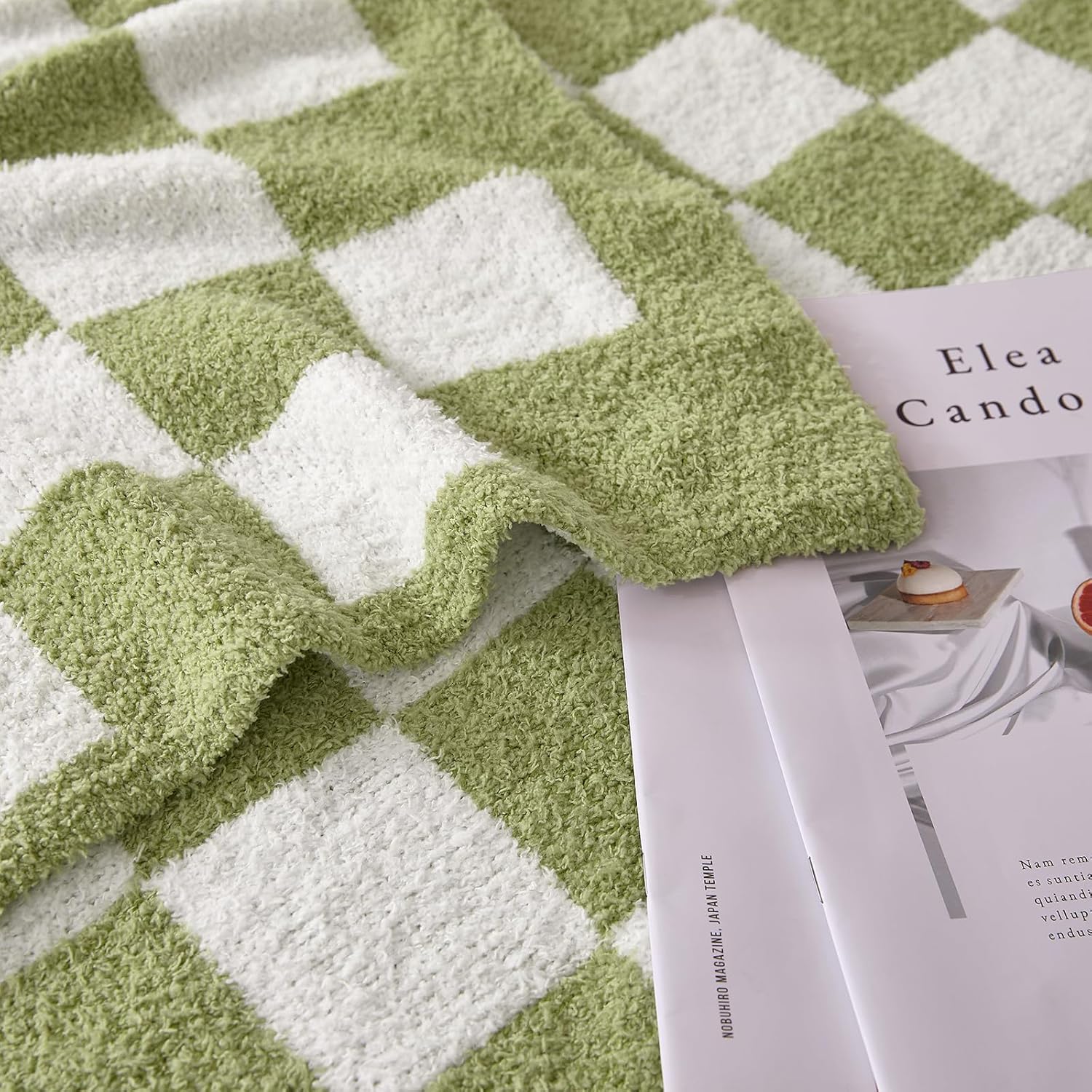 Checkered Throw Blanket, Sage Green Soft Cozy Fluffy Knitted Throw Blankets for Couch, Sofa, Bed, Chair, Warm Fuzzy Travel Picnic Lightweight Plaid Blanket, 60x80 inches