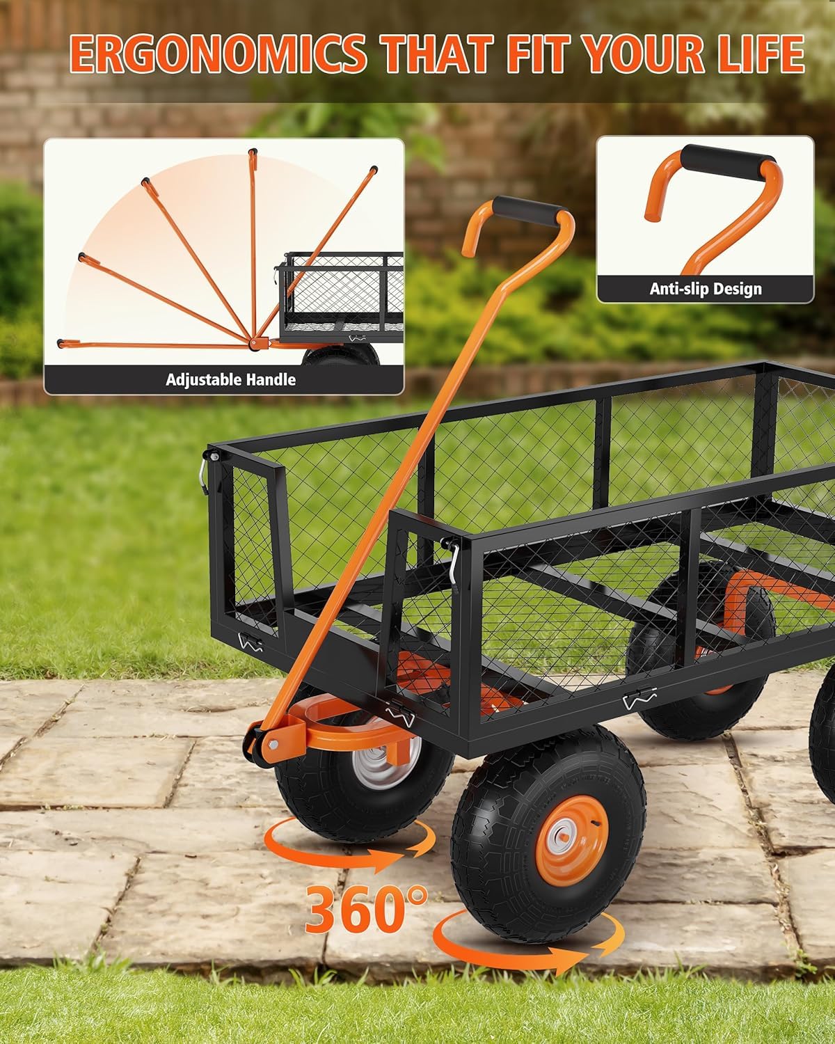 Zstar Brouette Chariot de Jardin en Acier Résistant Capacité 900 LB, Parois Latérales Amovibles, Roues 25 cm, Utilisation Extérieure sur Pelouse et Cour, Couleur Noir Orange